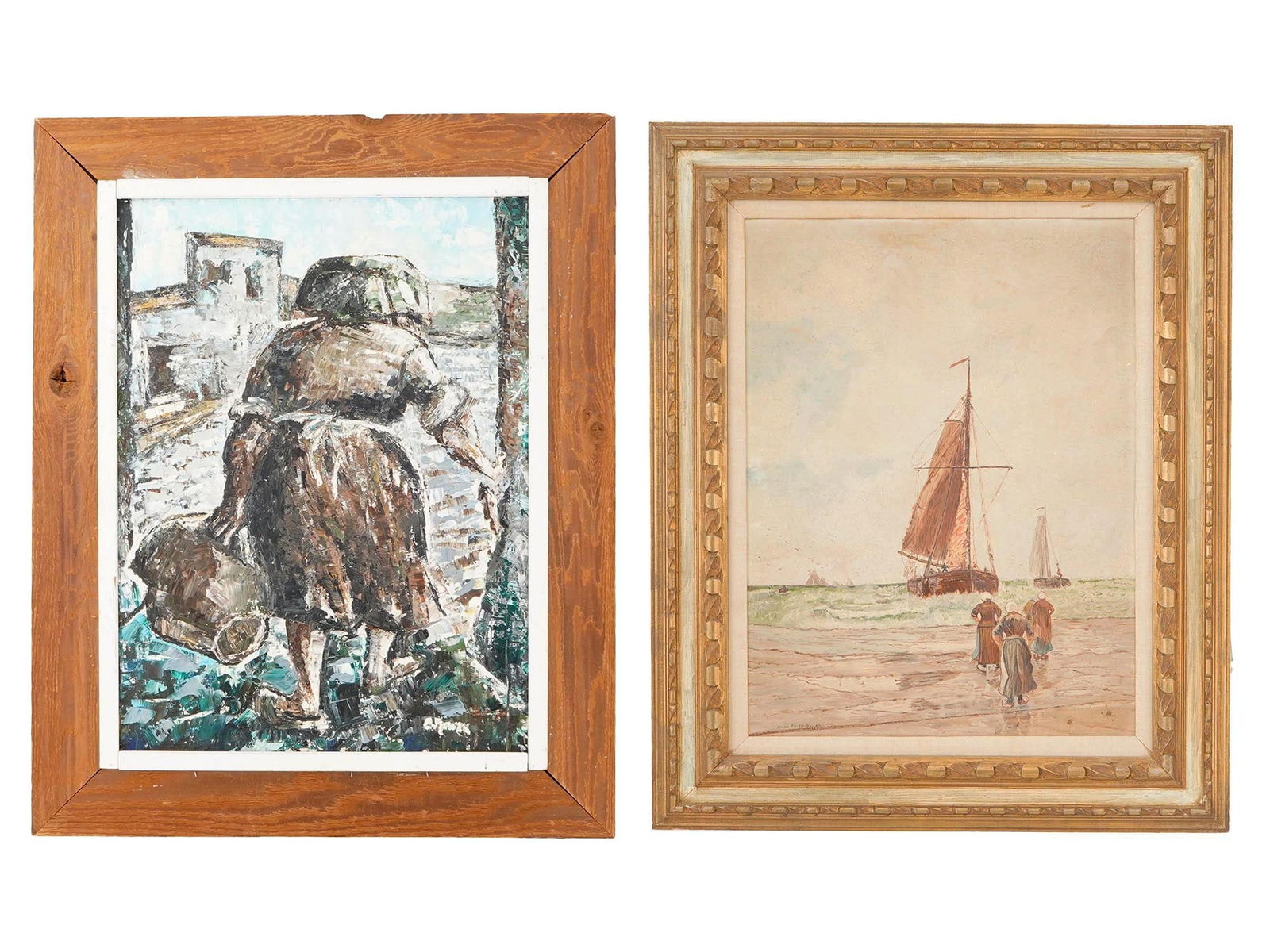 MID CENTURY MODERNIST OIL PAINTING FEMALE FIGURE: A mid-century oil painting on canvas laid on board, depicting a female figure in an expressive composition. The artwork is signed in the lower right by the artist and comes housed in its original