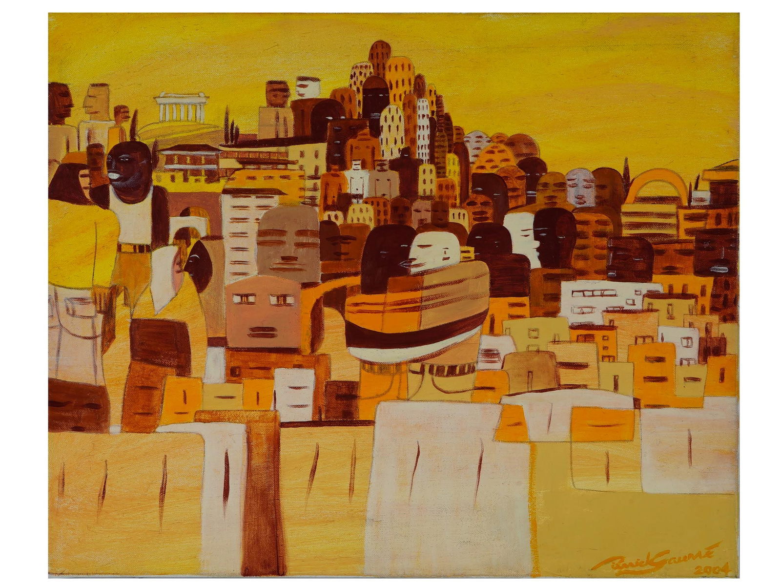 PIERRICK GAUME FRENCH PAINTING THE HOT CITY 2004: Pierrick Gaume, French, born 1971, an acrylic painting on canvas titled The Hot City, 2004. Signed and dated lower right. Pierrick Gaume is a visual artist and designer who earned an Industrial
