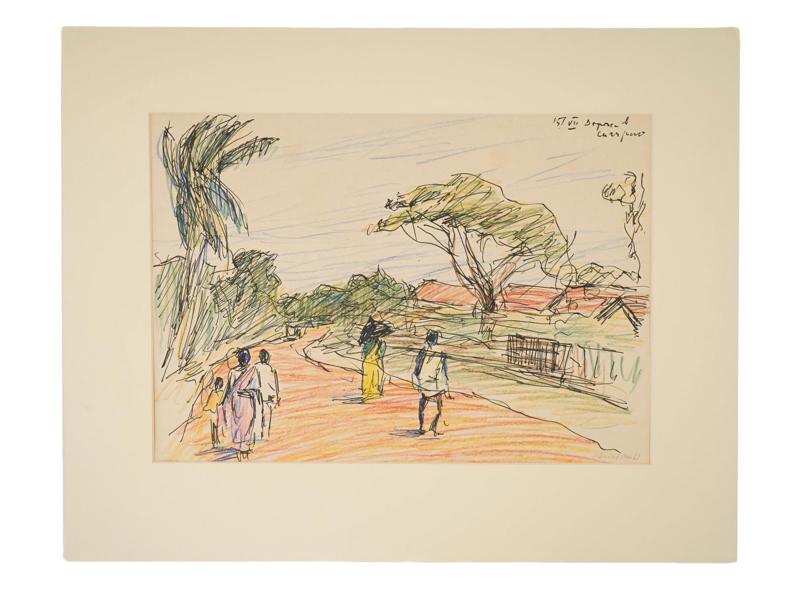 RUSSIAN MIXED MEDIA PAINTING SIGNED OREST BETEKHTIN: A mixed media painting on paper, The Road to Sigiriya, depicting a genre scene in a landscape, 1961. Signed in Cyrillic, O. Betekhtin and dated 61, lower right. Titled in Cyrillic, upper right. Matted