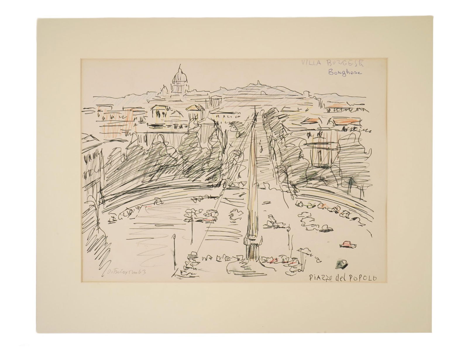 RUSSIAN MIXED MEDIA PAINTING SIGNED OREST BETEKHTIN: A mixed media painting on paper depicting an Italian cityscape, 1963. Signed in Cyrillic, O. Betekhtin and dated 63, lower left. Inscribed, Piazza Popolo, lower right. Inscribed, Villa Borghese, upper