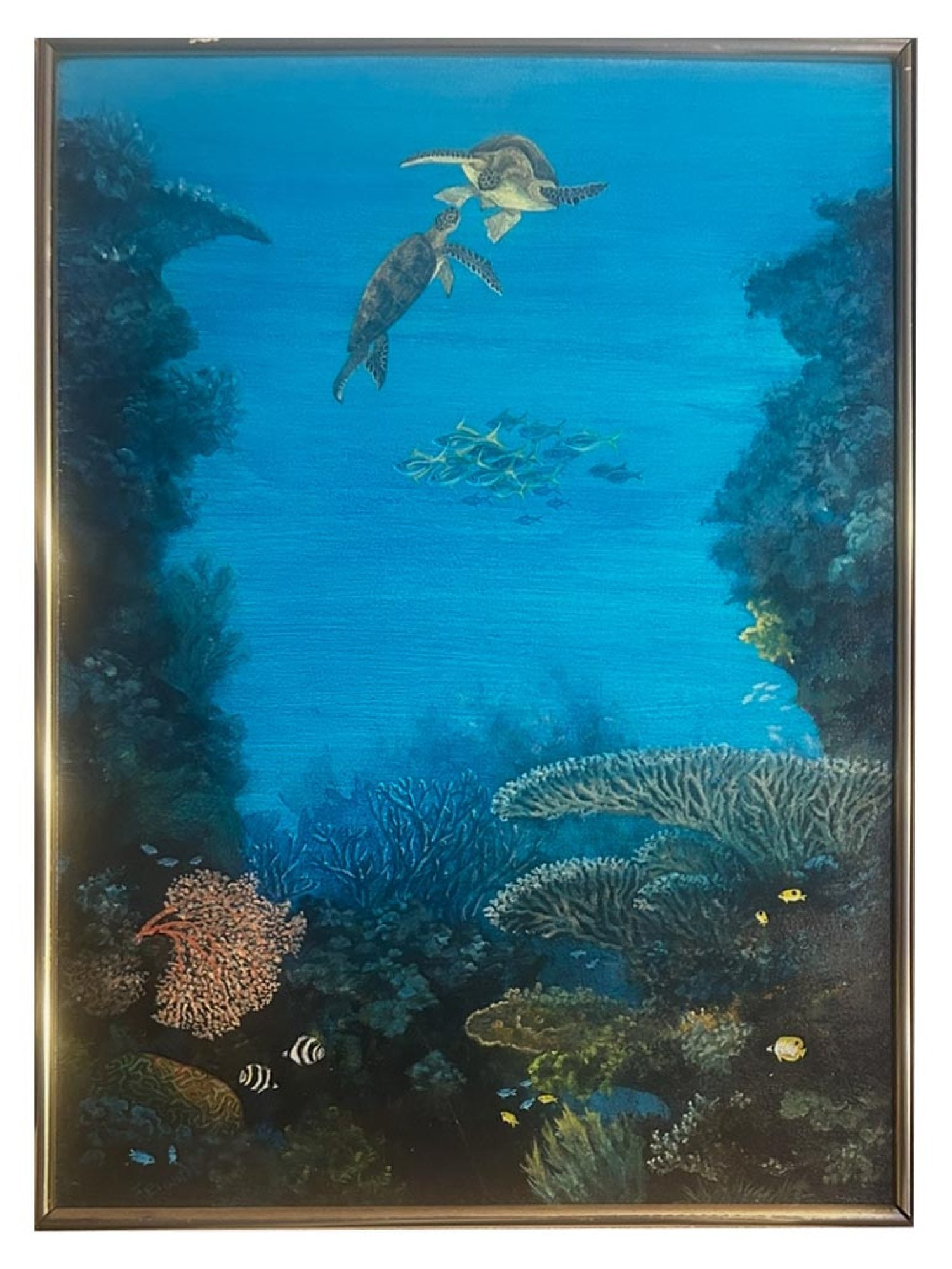 SIGNED GERTRUDE ABERCROMBIE AMERICAN OIL PAINTING: An American oil on panel painting signed Gertrude Abercrombie, titled Underwater, 1975. The painting depicts a coral reef with two turtles. Signed and dated on the backside. Framed. Gertrude Abercromb