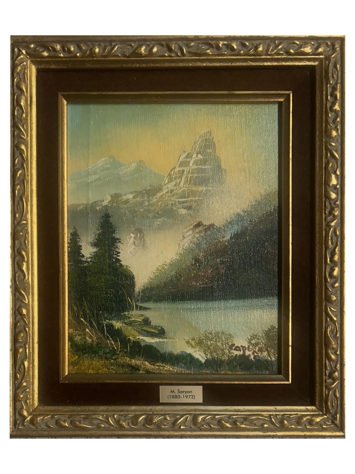 MARTIROS SARYAN ARMENIAN LANDSCAPE OIL PAINTING: Martiros Saryan, Armenian, 1880 to 1972, an oil painting on canvas on board depicting a landscape with mountains and a body of water. Signed lower right. Framed. Bears a plaque lower on the frame insc