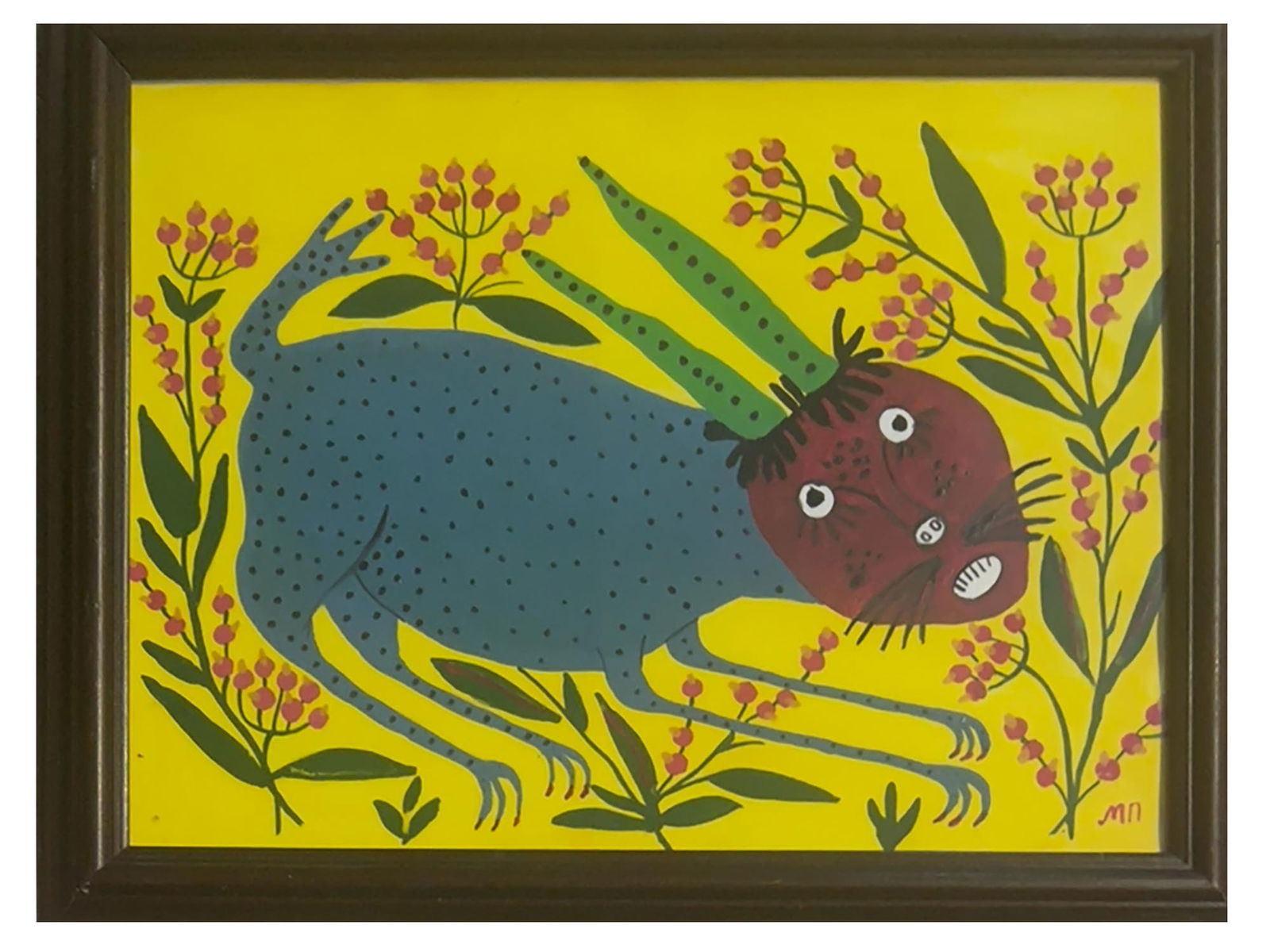 MARIA PRYMACHENKO UKRAINIAN WATERCOLOR PAINTING: Maria Oksentiyivna Prymachenko, Ukrainian, 1909 to 1997, a watercolor painting on cardboard. Signed with initials in lower right. Titled Running hare in red Berries, dated 1995. Framed. Maria Oksentiy