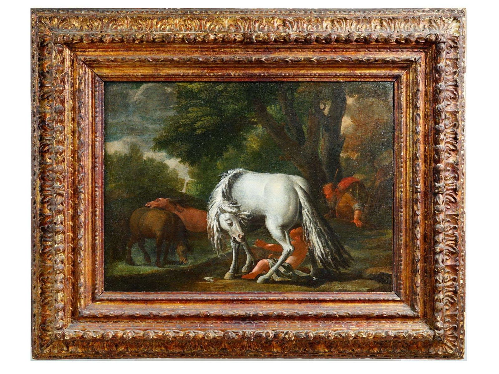 ANTIQUE DUTCH OLD MASTERS MANNER OIL PAINTING: Oil on canvas painting. Western European, presumably 17th to 18th century. In the style of Dirck van Bergen, 1645 to 1700, a Dutch Golden Age landscape painter. The artwork depicts a pastoral scene wi