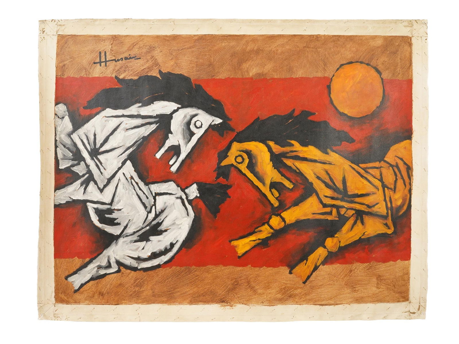 INDIAN HORSES ACRYLIC PAINTING SIGNED M F HUSAIN W COA (1 of 5)