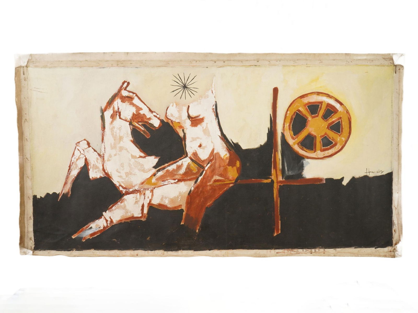 ACRYLIC ON CANVAS ABSTRACT PAINTING SIGNED HUSAIN: An acrylic on canvas painting signed lower right, Husain. The painting depicts an abstract composition with a female torso and a horse. Maqbool Fida Husain, 1915 to 2011, an Indian Modernist artist kn