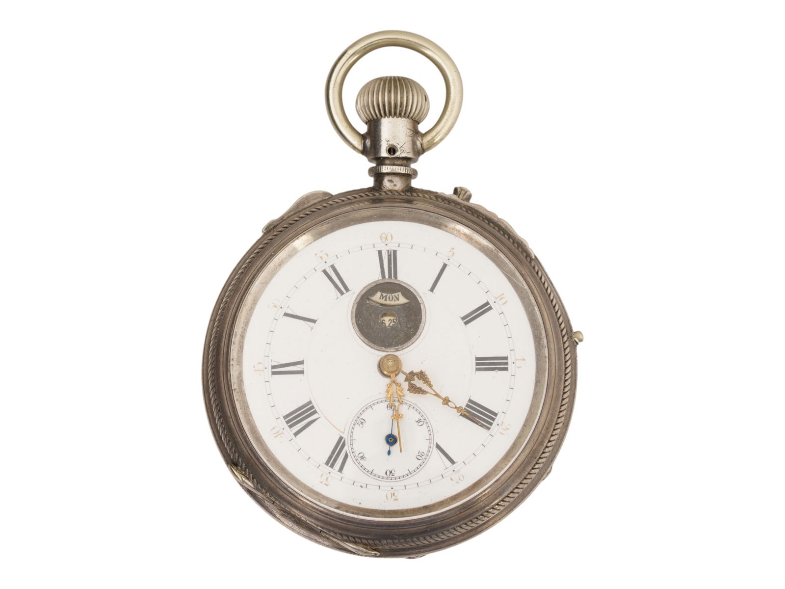 ANTIQUE SWISS SILVER PLATED CALENDAR POCKET WATCH (1 of 10)