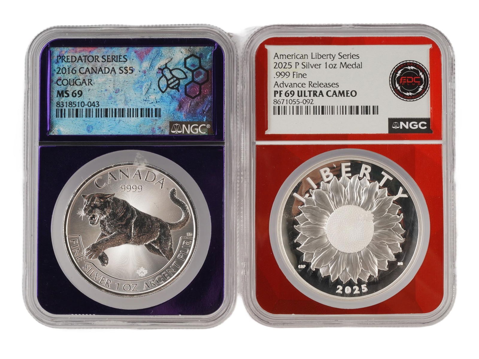 GRADED NGC SILVER CANADIAN COIN AND AMERICAN MEDAL: A lot of two silver items, a Canadian coin and an American medal professionally graded and encapsulated by the NGC Guaranty Company. The first coin is a 2016 1 oz silver, Canadian 5 dollar, Cougar ser