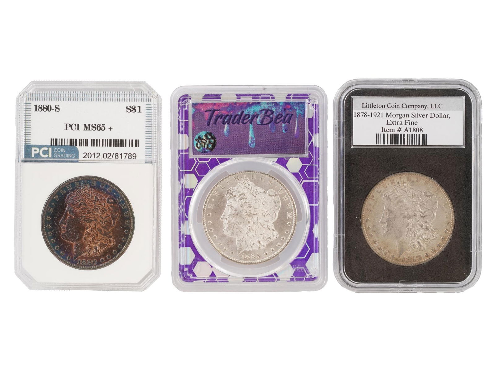 THREE CLASSIC SILVER GRADED MORGAN DOLLAR COINS (1 of 2)