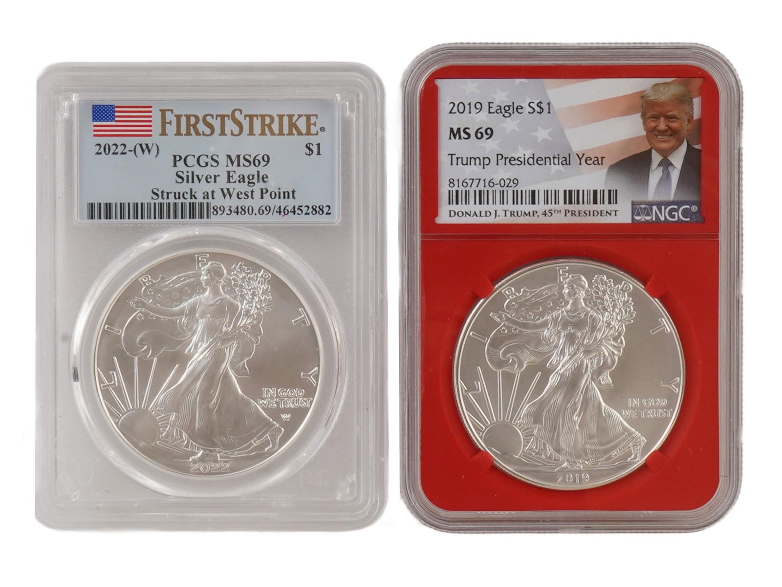 2019 2022 GRADED AMERICAN SILVER EAGLE BULLION COINS: Two graded American Silver Eagle bullion coins, each struck in one troy ounce of 99.9% pure silver and certified Mint State 69. The coin on the left is a 2022 $1 Silver Eagle struck at the West Point