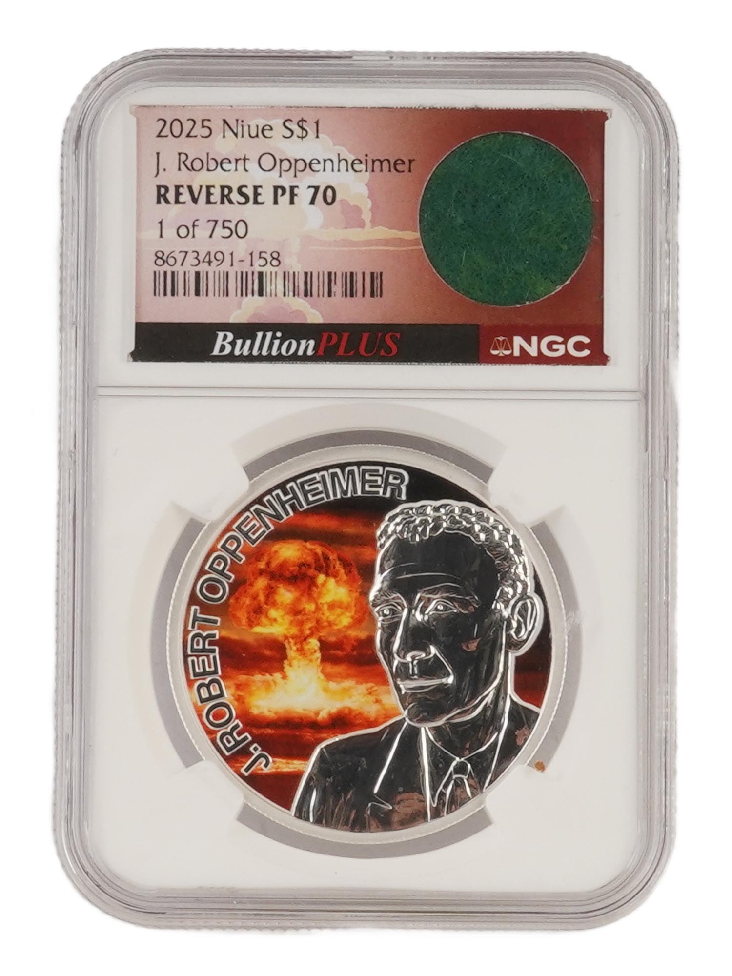 2025 NGC GRADED OPPENHEIMER SILVER DOLLAR COIN: 2025 Niue One Dollar Coin. J. Robert Oppenheimer, with Manhattan Project Toolchest Fragment. 1 oz .999 Fine Silver. Graded Reverse PF 70. From a circulation of 750 coins. The coin comes in a Numismati