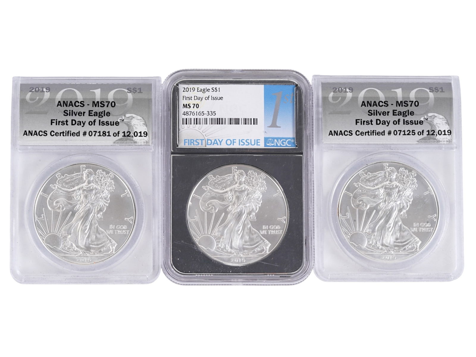 2019 AMERICAN SILVER EAGLE COINS MS GRADED ANACS NGC: A set of three 2019 American Silver Eagle coins, each containing one troy ounce of .999 fine silver and carrying a legal tender face value of 1 dollar USD. All three coins are certified in perfect Min