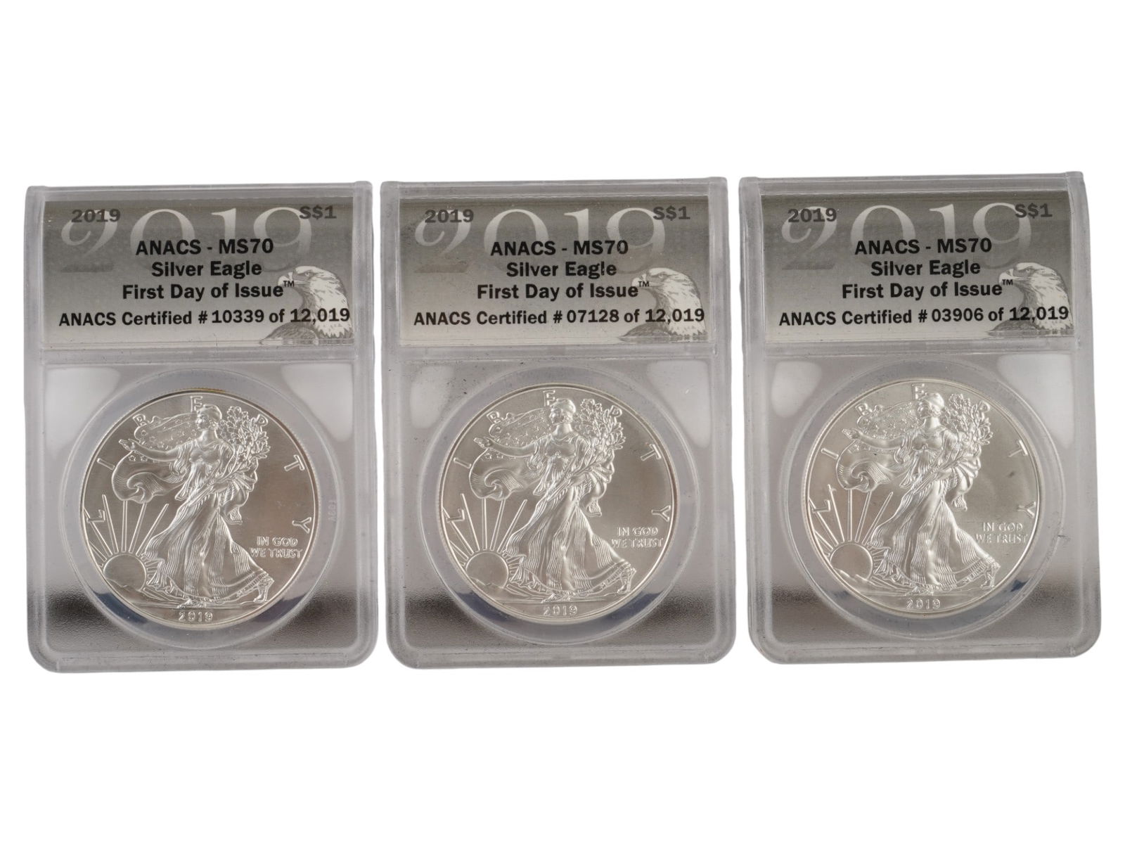 LOT OF 2019 AMERICAN SILVER EAGLES COINS GRADED MS 70 (1 of 3)