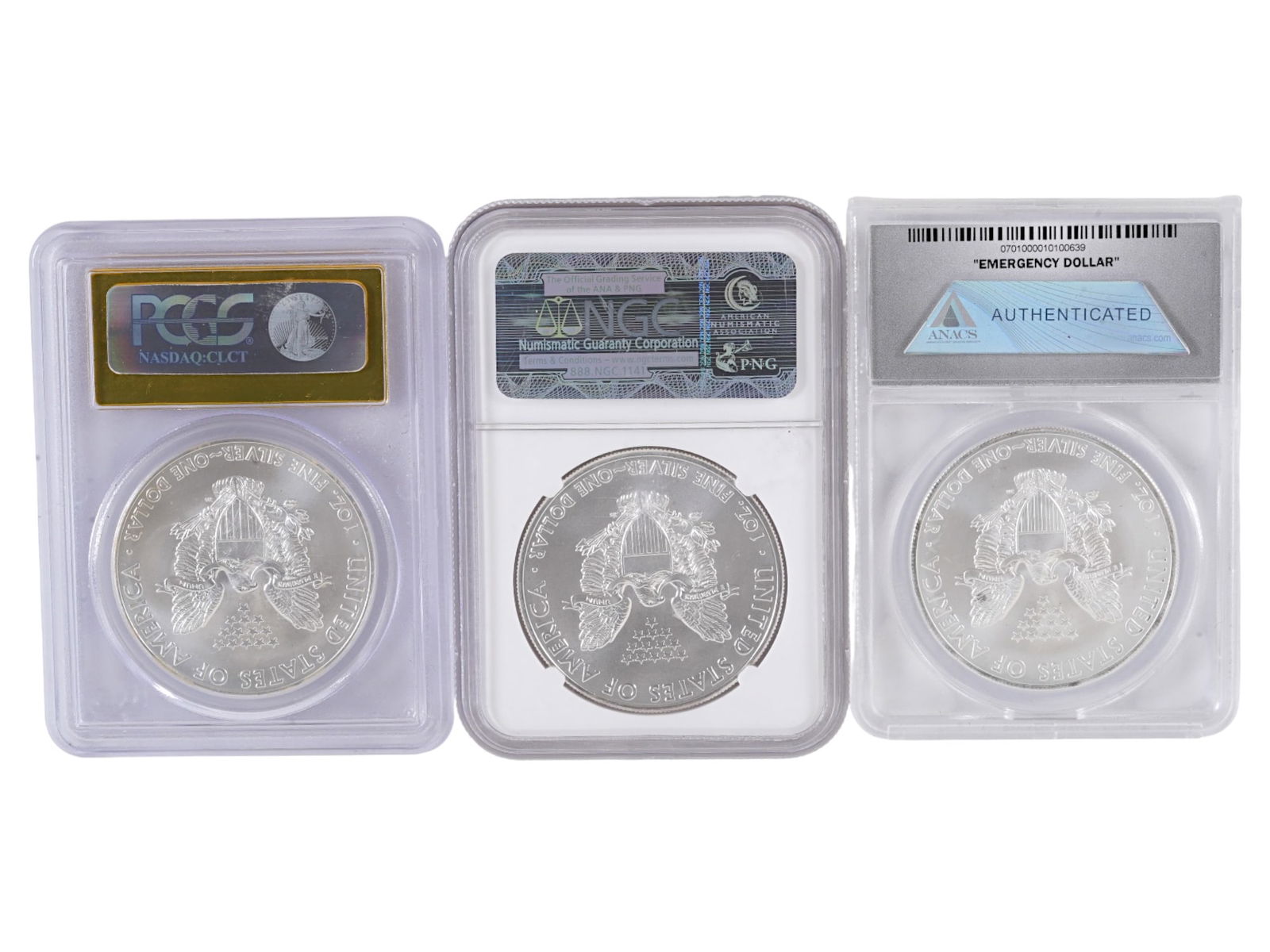 THREE GRADED AMERICAN SILVER EAGLE DOLLAR COINS - 2