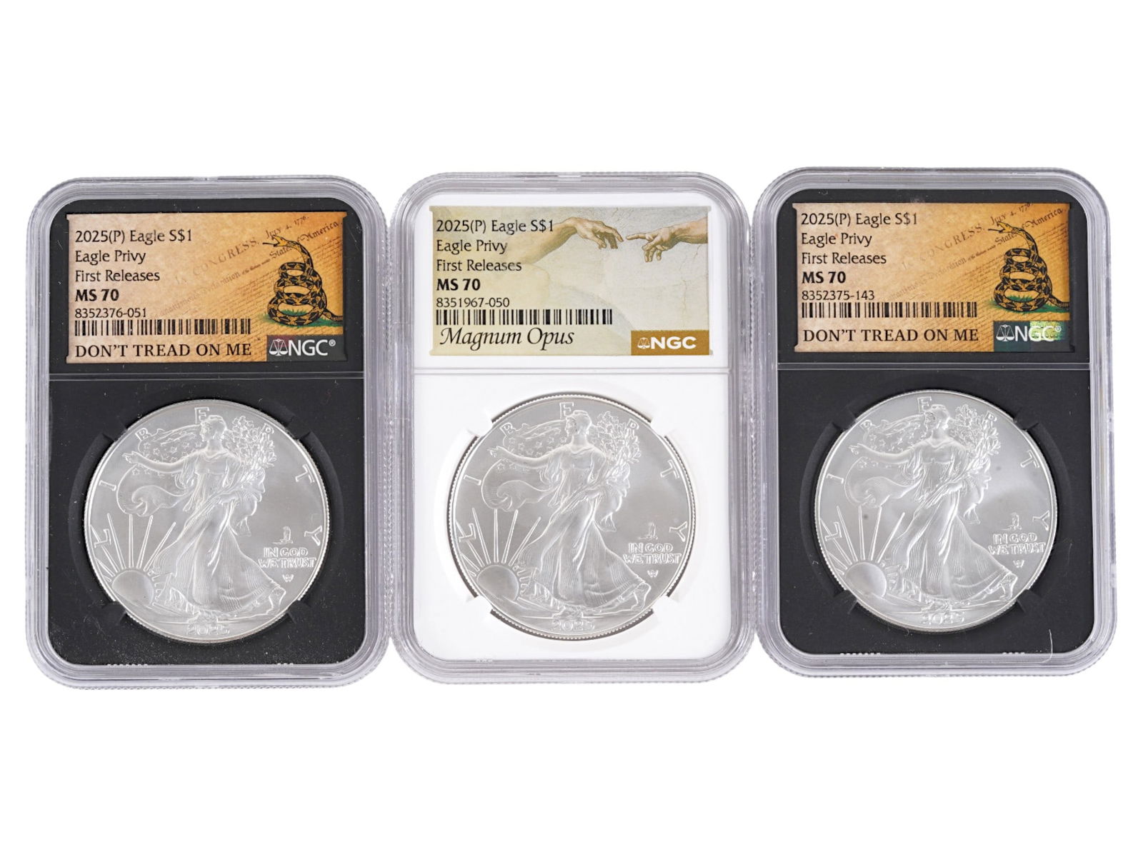 THREE GRADED AMERICAN SILVER EAGLE DOLLAR COINS (1 of 2)