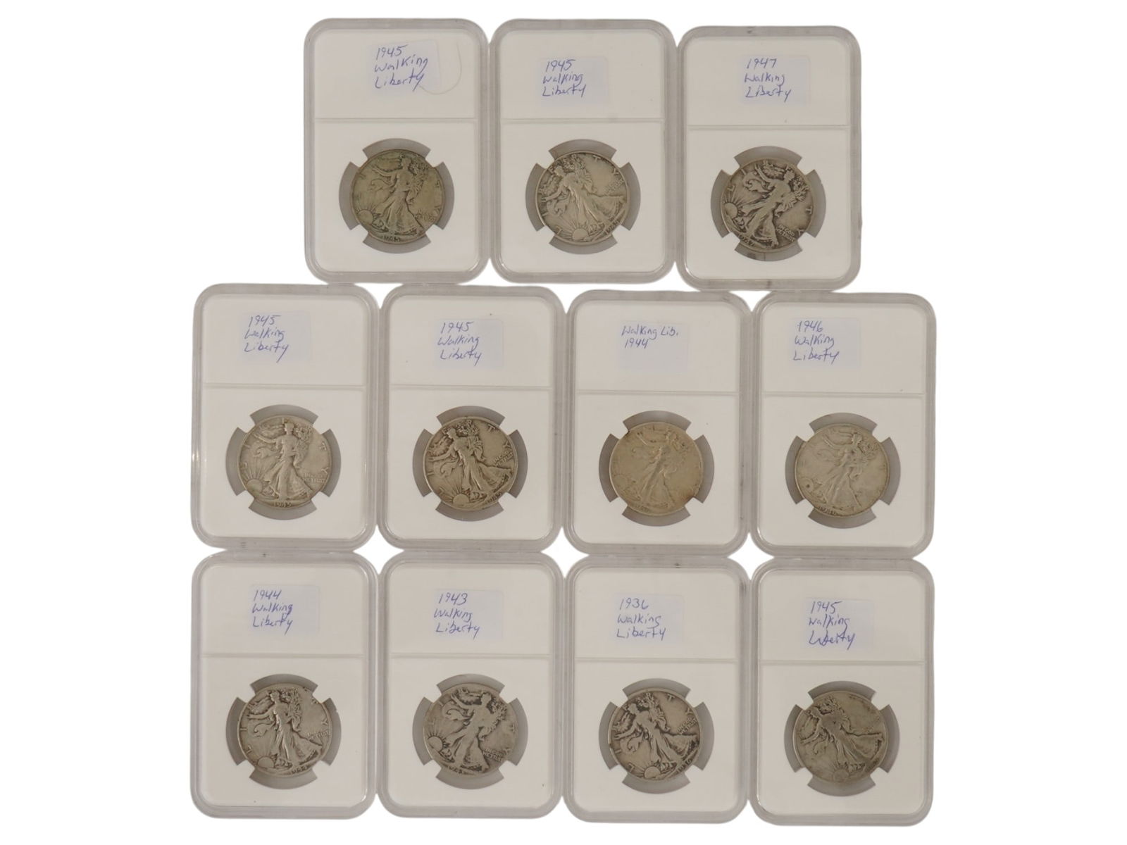 VTG AMERICAN SILVER WALKING LIBERTY HALF DOLLAR COINS: A collection of Walking Liberty Half Dollars, the iconic U.S. 50-cent series struck from 1916 to 1947 and composed of 90% silver and 10% copper, each containing 0.36169 troy oz of pure silver. Designe