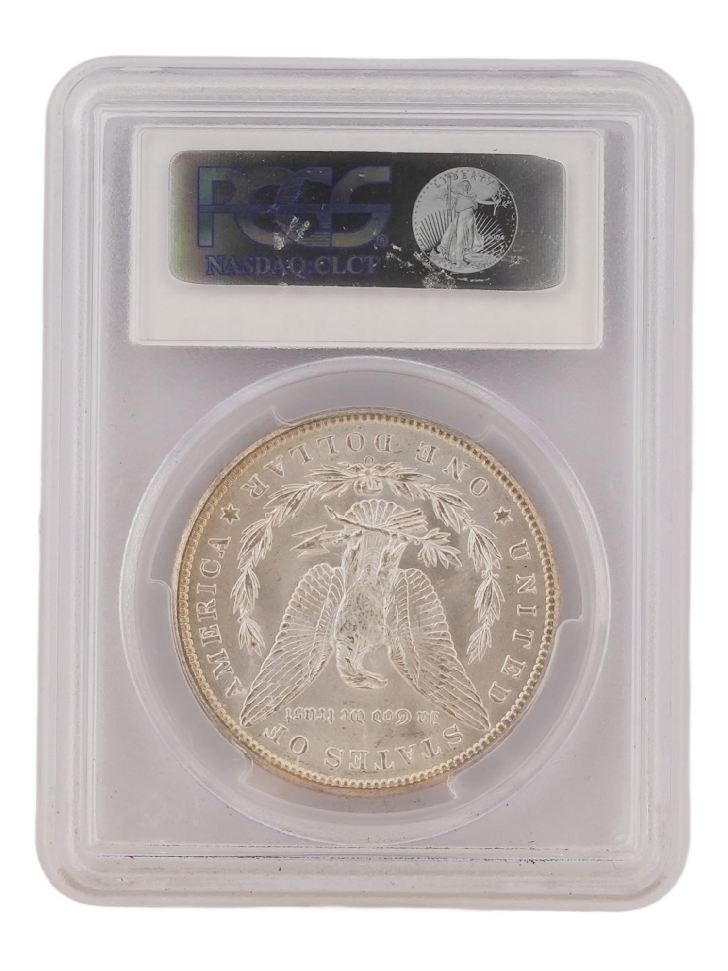 1898 MORGAN SILVER DOLLAR COIN GRADED MINT STATE 64: An 1898-O Morgan Silver Dollar coin, professionally graded Mint State 64 by Professional Coin Grading Service. Struck at the New Orleans Mint, the coin is composed of 90% silver and 10% copper and rem