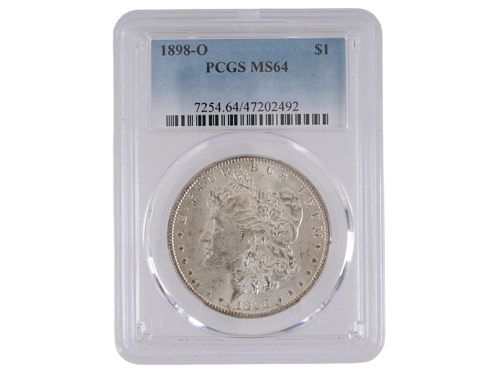 ANTIQUE 1898 AMERICAN MORGAN GRADED SILVER DOLLAR: An antique American 1898 silver Morgan dollar that has been professionally graded and encapsulated by the PCGS Guaranty Company. Certification Number: 7254. 64 47202492. Features Lady Liberty on the o