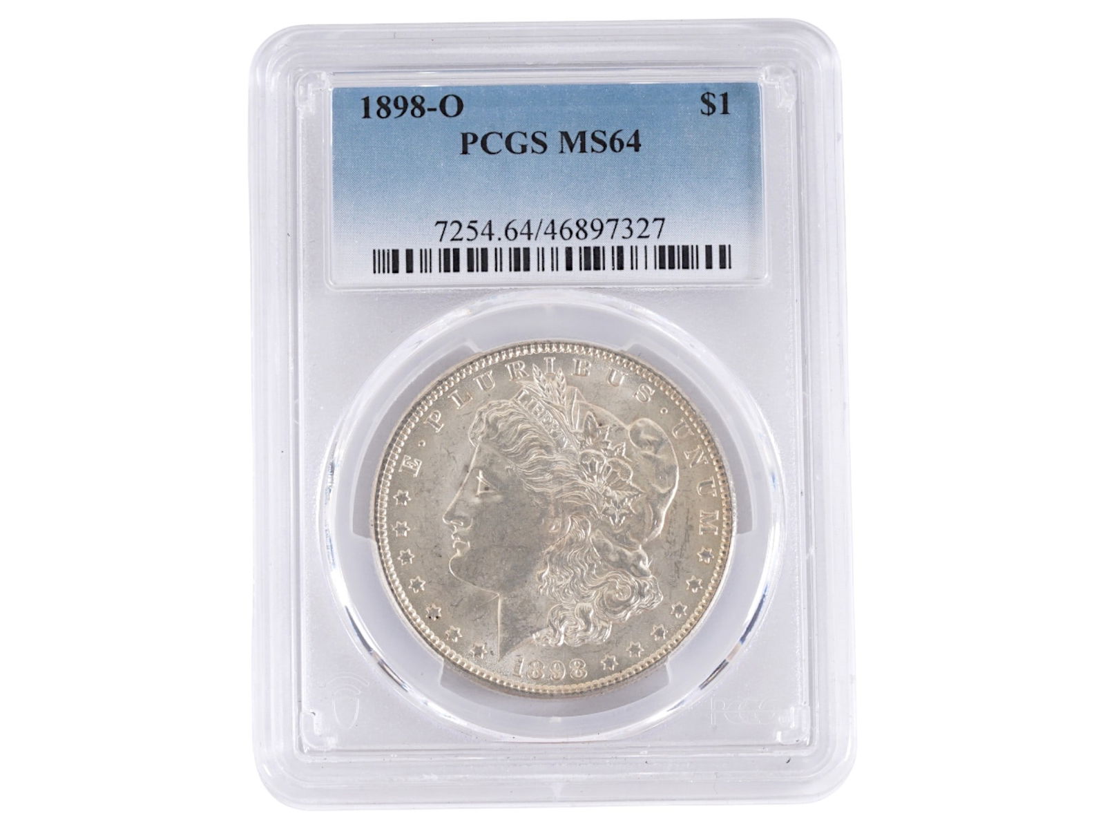 ANTIQUE AMERICAN GRADED SILVER MORGAN DOLLAR COIN: An antique American 1898 silver Morgan dollar that has been professionally graded and encapsulated by the PCGS Guaranty Company. Certification Number: 7254.64 46897327. Features Lady Liberty on the ob