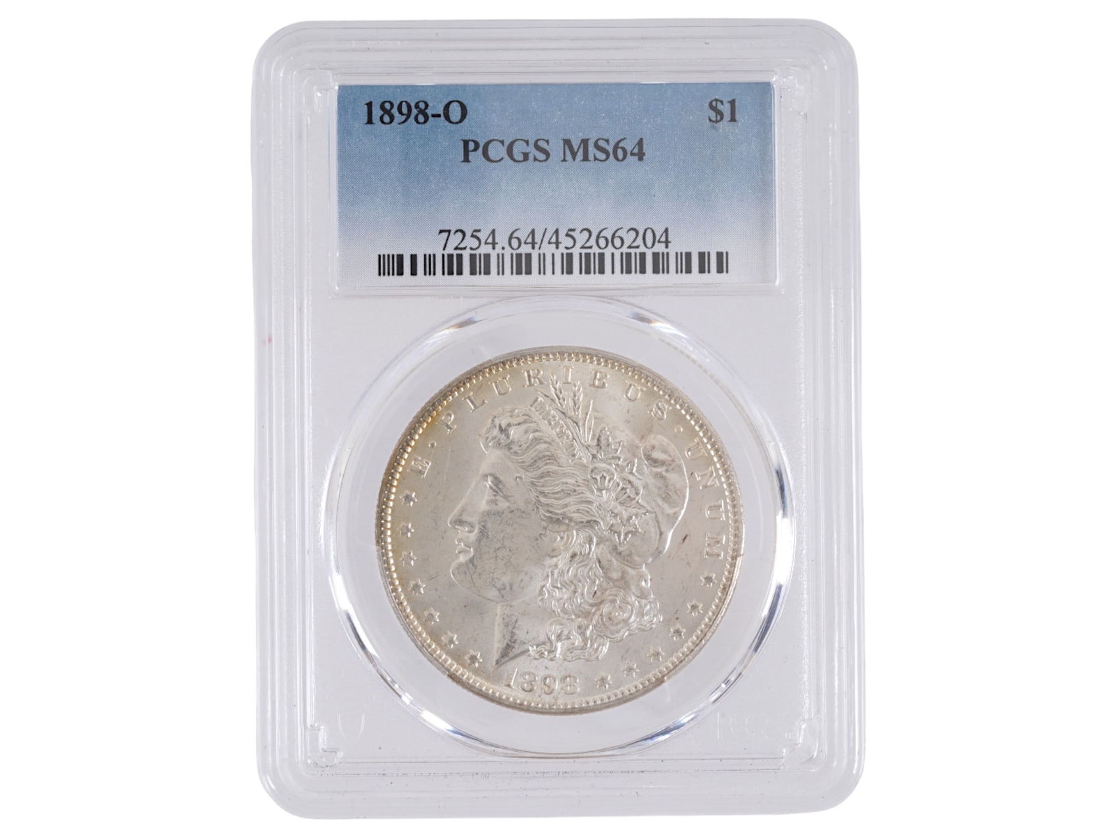 ANTIQUE GRADED AMERICAN MORGAN SILVER DOLLAR COIN 1898: An antique American Morgan silver dollar coin minted in 1898. Graded MS64 by the PCGS. The iconic Morgan silver dollar series, which holds a special place in American coinage history. Features Lady Li