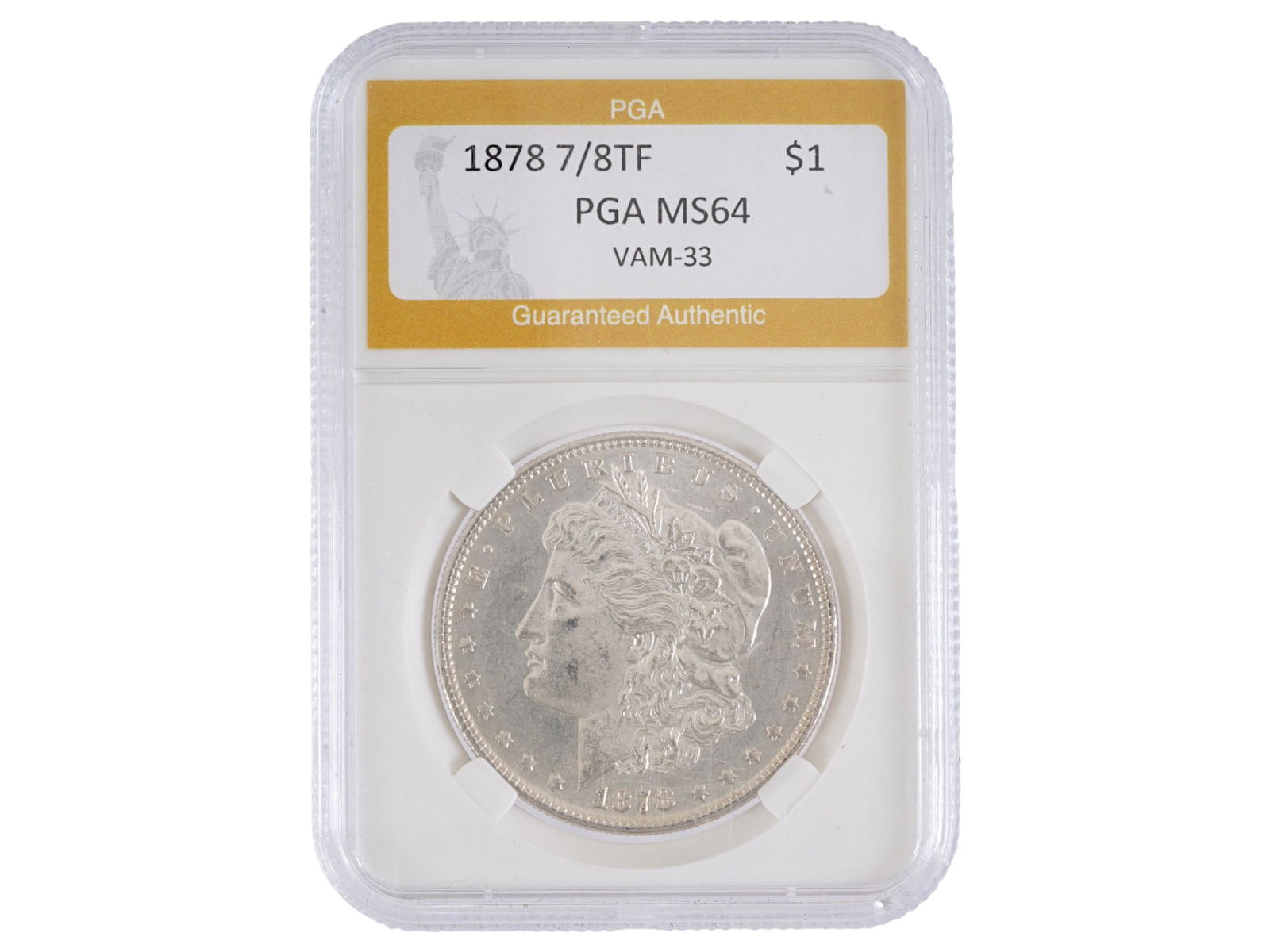 ANTIQUE GRADED AMERICAN MORGAN SILVER DOLLAR COIN 1878: An antique American Morgan silver dollar coin minted in 1878. Graded MS64 by the PGA. The iconic Morgan silver dollar series, which holds a special place in American coinage history. Features Lady Lib