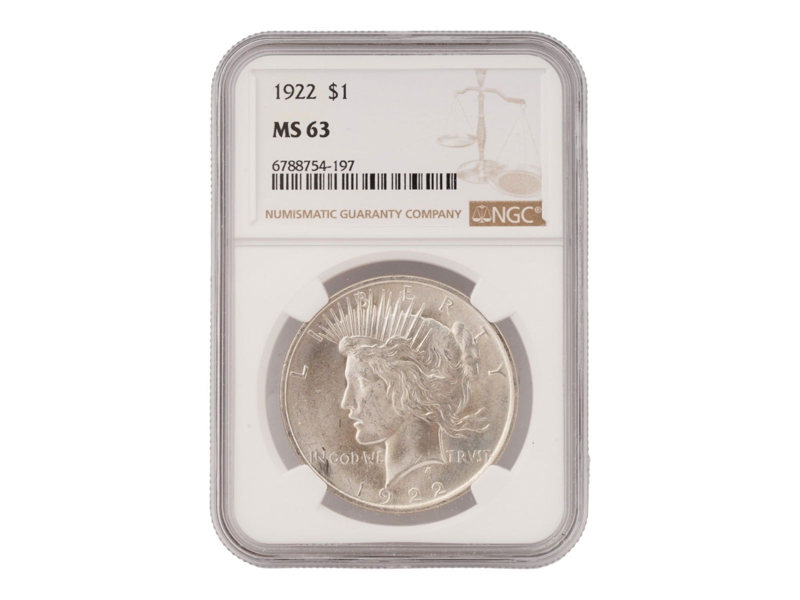 GRADED MS63 1922 AMERICAN PEACE DOLLAR SILVER COIN: An American 1922 Peace Dollar silver coin that has been professionally graded and encapsulated by the Numismatic Guaranty Company. Mint State 63. The Peace dollar was minted from 1921 to 1928 and 1934