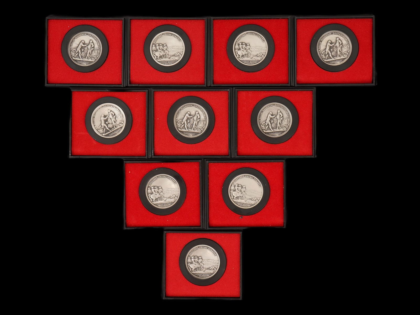 AMERICAS FIRST MEDALS GEORGE WASHINGTON HORATIO GATES: A lot of pewter medals from the Americas First Medals series in original box. 5 medals featuring George Washington, 1776, inscription Hostibus Primo Fugatis, First Enemies Fled on the reverse. 5 medal