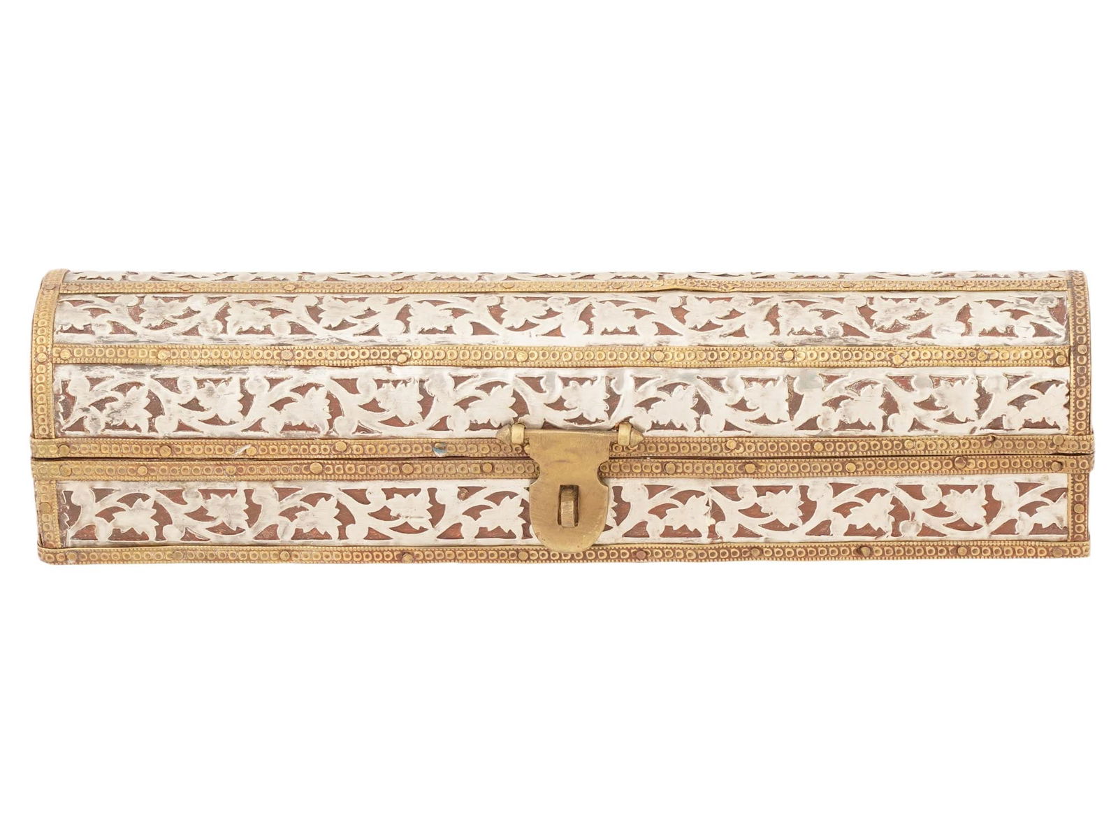 VINTAGE ANGLO INDIAN WOODEN BOX WITH METAL OVERLAY: A vintage Anglo-Indian oblong wooden box with white metal overlay, likely dating to the British Raj period and made for export or colonial use. Crafted from rich timber—possibly sandalwood—the box