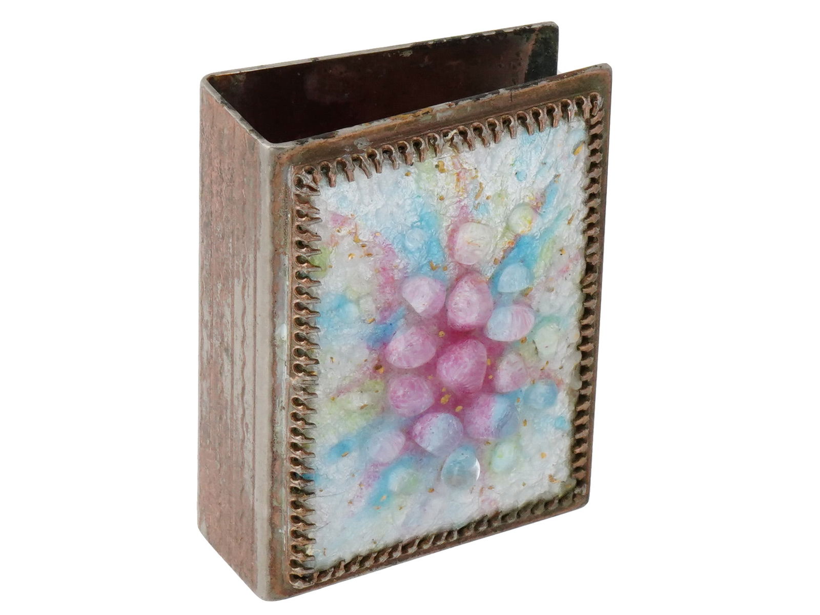 ANTIQUE EUROPEAN PAPER SHEET HOLDER WITH GLASS INLAY: An antique European paper sheet holder, decorated with multicolor glass inlay. The surface showcases detailed craftsmanship with vibrant, jewel-like accents that add elegance and refinement to this fu