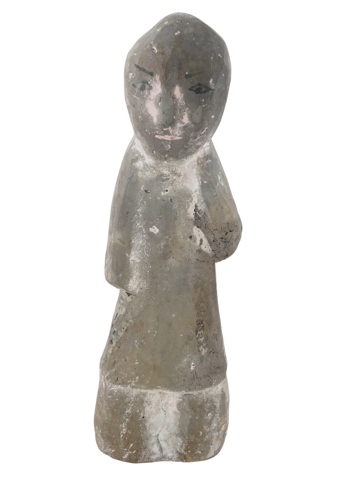 SOUTH ARABIAN HAND PAINTED CARVED STONE FIGURINE: A South Arabian hand carved stone figurine. The figurine stands upright, exhibiting a stylized human form with a rounded head and a compact body. The figurine is adorned with hand painted facial featu