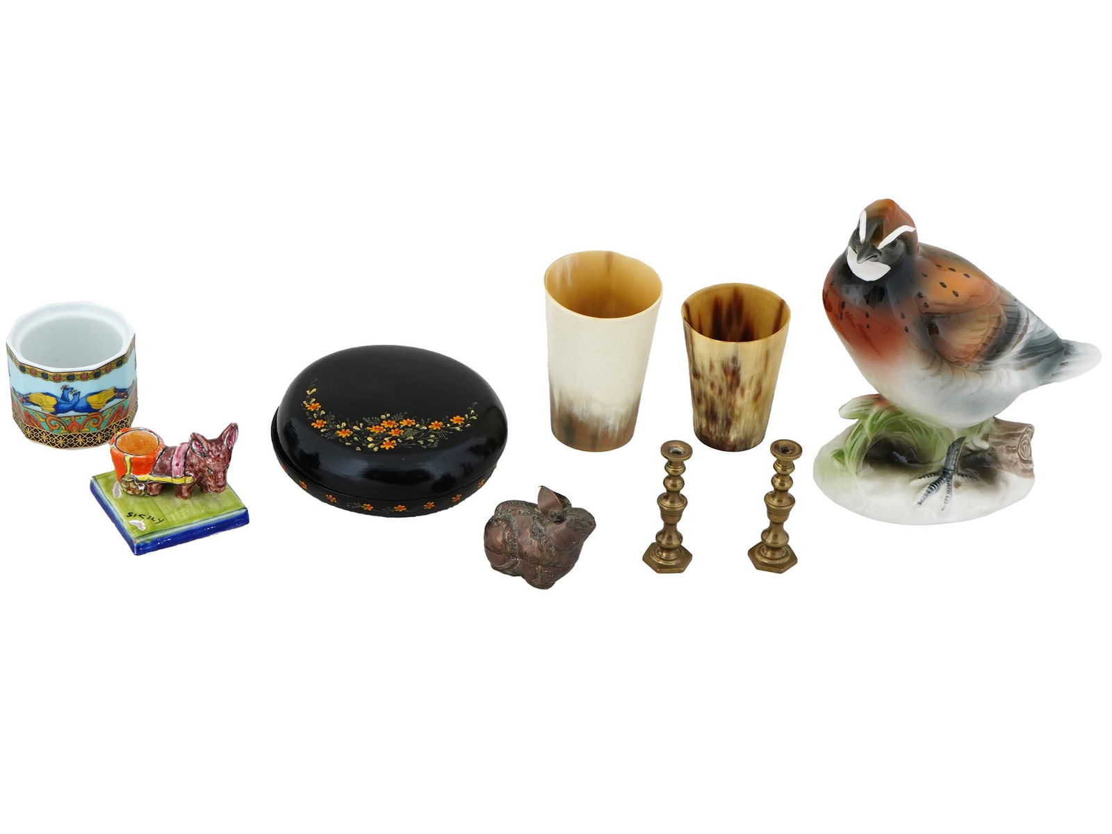 GROUP OF MIXED VINTAGE DECORATIVE ITEMS: A group of mixed vintage decorative items. The lot includes a Versace Rosenthal porcelain cup, hand painted Sicilian donkey candlestick, a black lacquered round box decorated with flowers, two natural