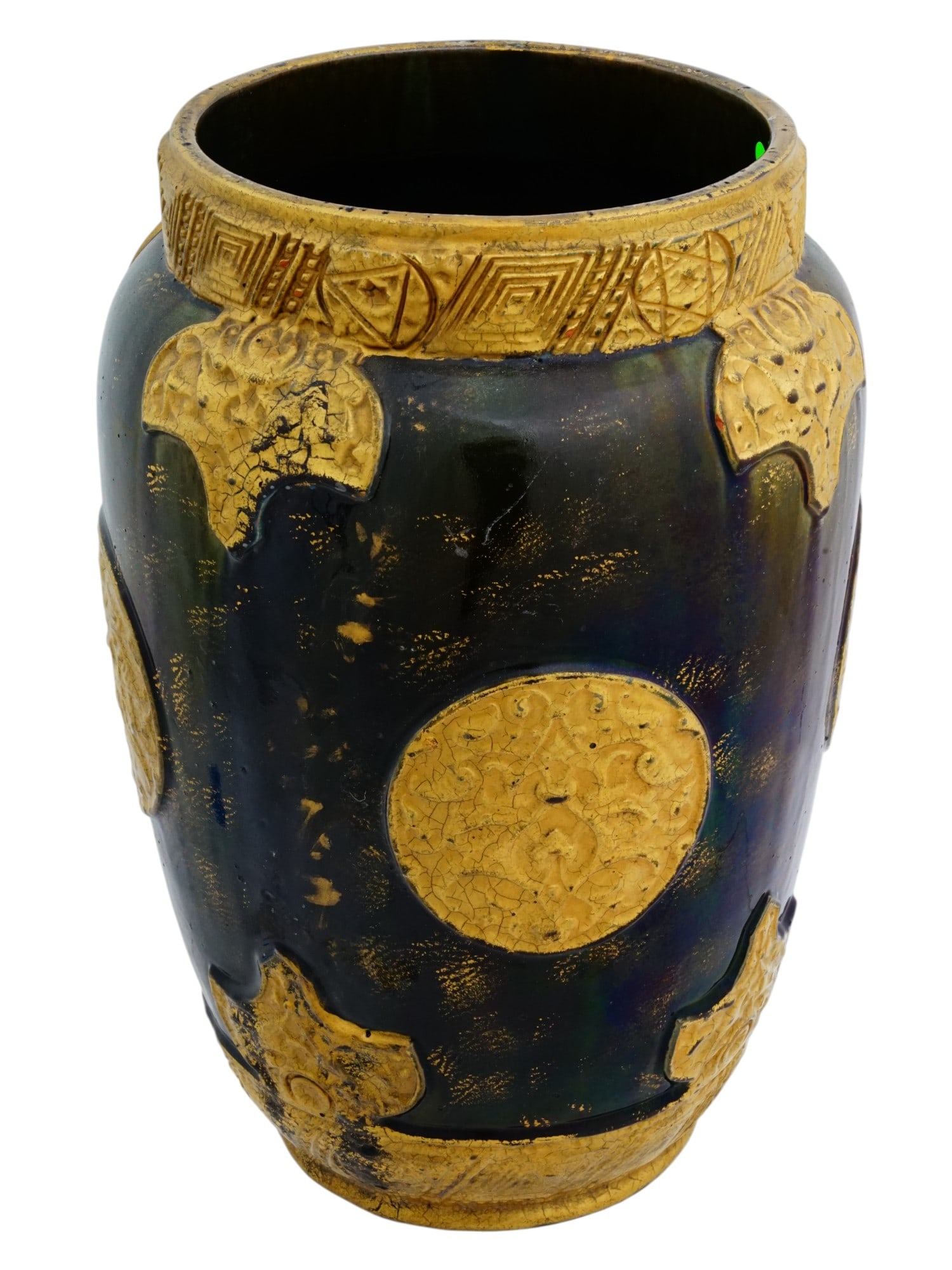 VINTAGE IRIDESCENT BROWN GLAZE GILT POTTERY VASE (1 of 9)