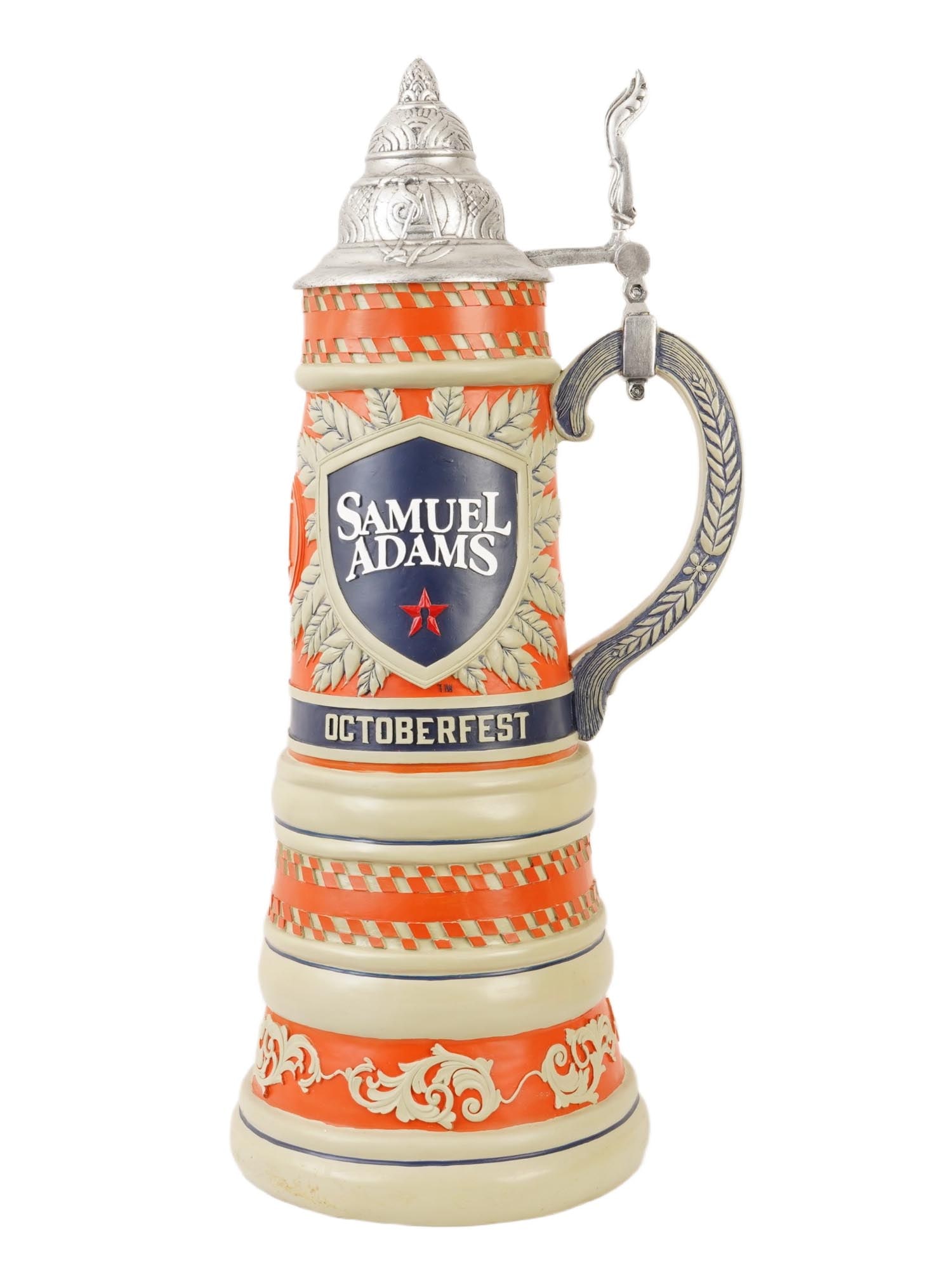 LARGE SAMUEL ADAMS OCTOBERFEST CERAMIC BEER STEIN: A large vintage ceramic beer stein or tankard, Samuel Adams Beer promotional display piece in honor of Octoberfest. Handled vessel with a hinged pewter lid. Samuel Adams logo on both sides. Made in