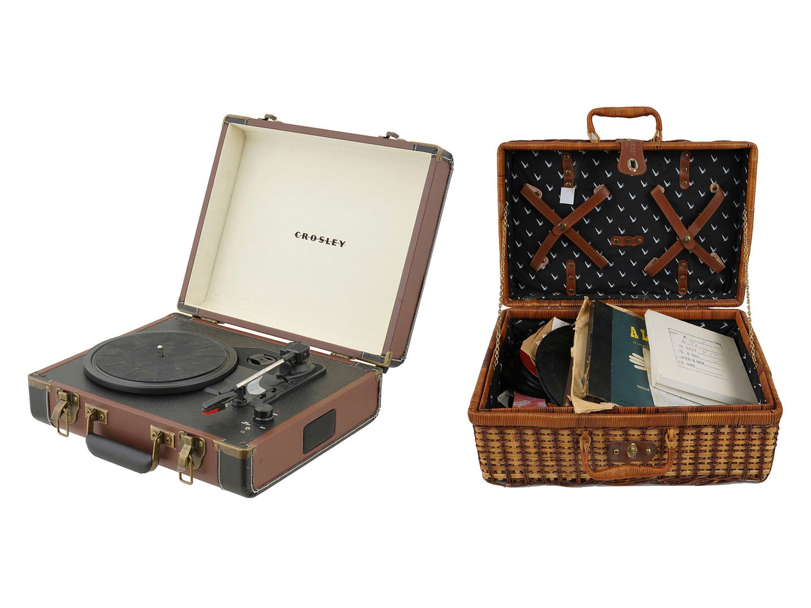 CROSLEY PORTABLE VINYL RECORD PLAYER WITH RECORDS: A Contemporary Crosley portable turntable vinyl record player combines retro design with modern functionality. Its compact and lightweight structure allows for easy transport. Finished in a classic br