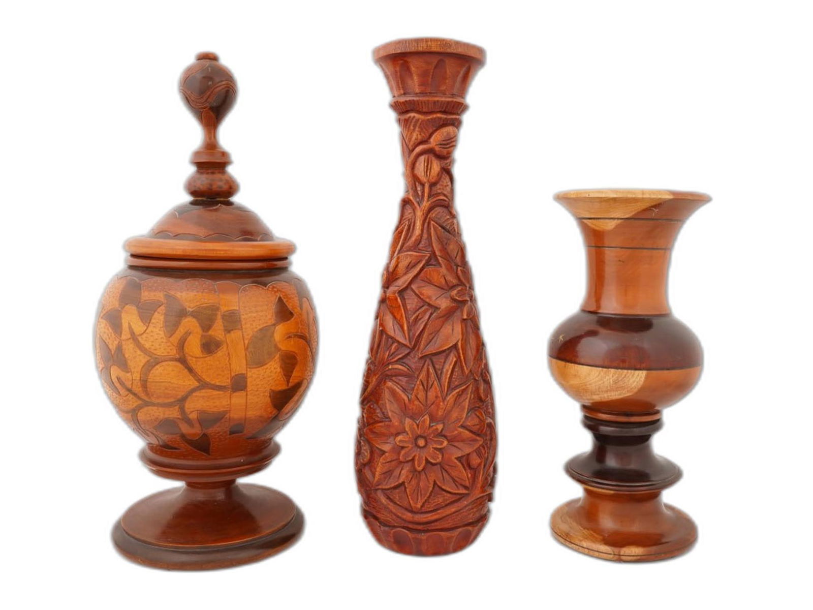 GROUP OF THREE VINTAGE CARVED WOODEN VASES (1 of 7)