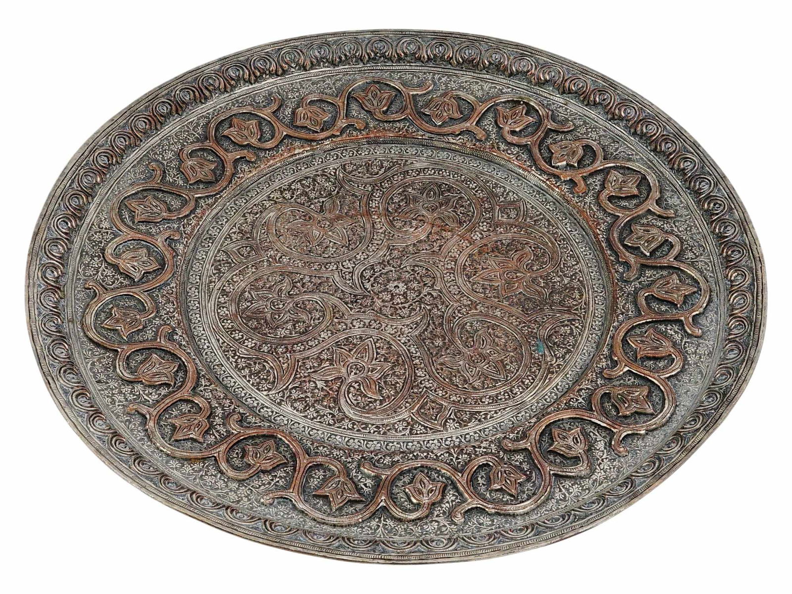 PERSIAN PAISLEY ENGRAVED SILVER INLAID COPPER TRAY (1 of 7)