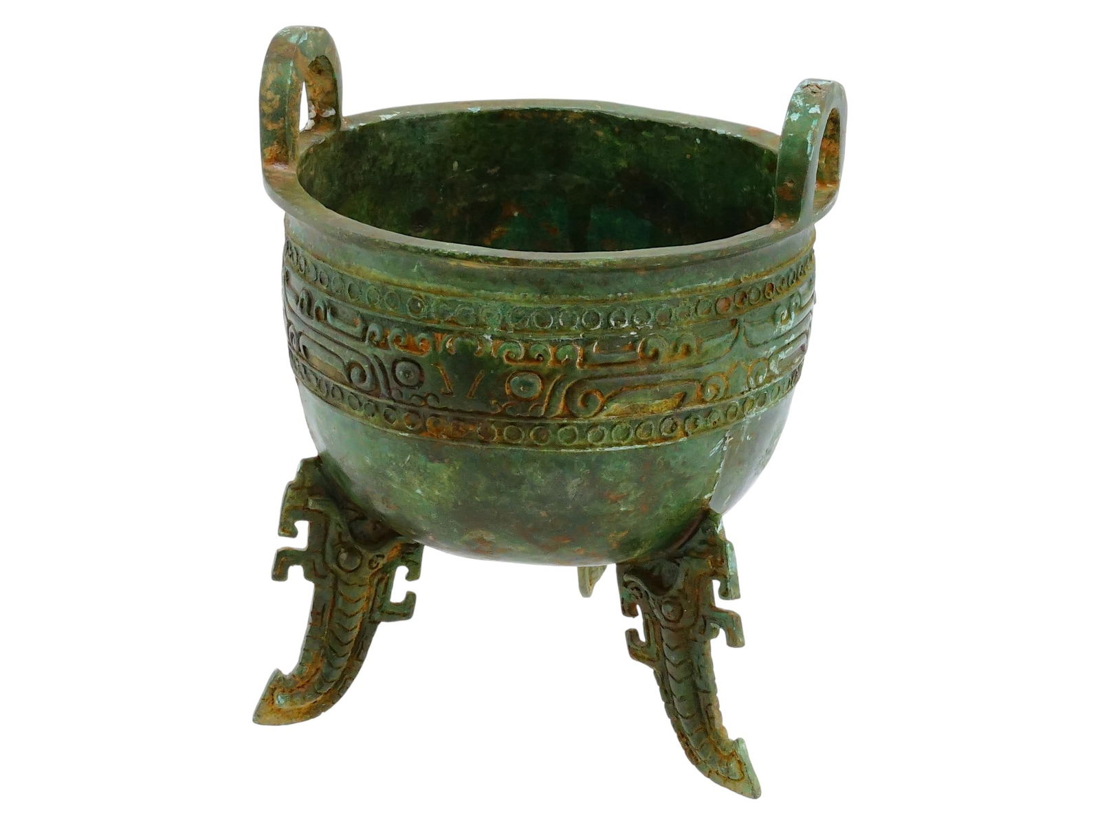 CHINESE PATINATED BRONZE TRIPOD VESSEL DING W HANDLES (1 of 9)