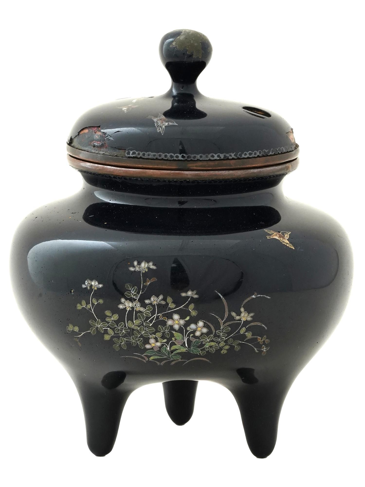 JAPANESE SILVER WIRE CENSOR KORO ATTR HAYASHI KODENJI: A high quality antique Japanese, Meiji era, Silver wire enamel tripod censer koro attributed to Hayashi Kodenji, Japanese, 1831 to 1915. Circa 1900s. The baluster form body is enameled with polychrome