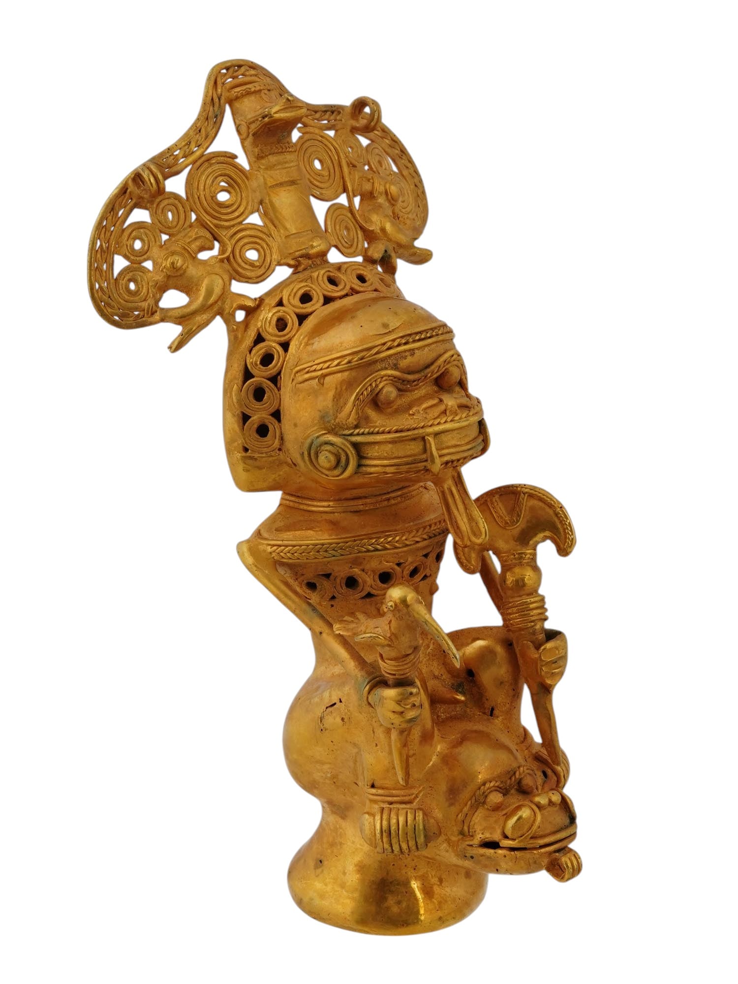 PRE COLUMBIAN TAIRONA TUMBAGA STYLE FIGURINE: In the style of ancient Pre Columbian Tairona tumbaga figurine, depicting a shaman. Tumbaga, an alloy of gold and copper, showcases the metallurgical proficiency of Pre Columbian Mesoamerican civiliza