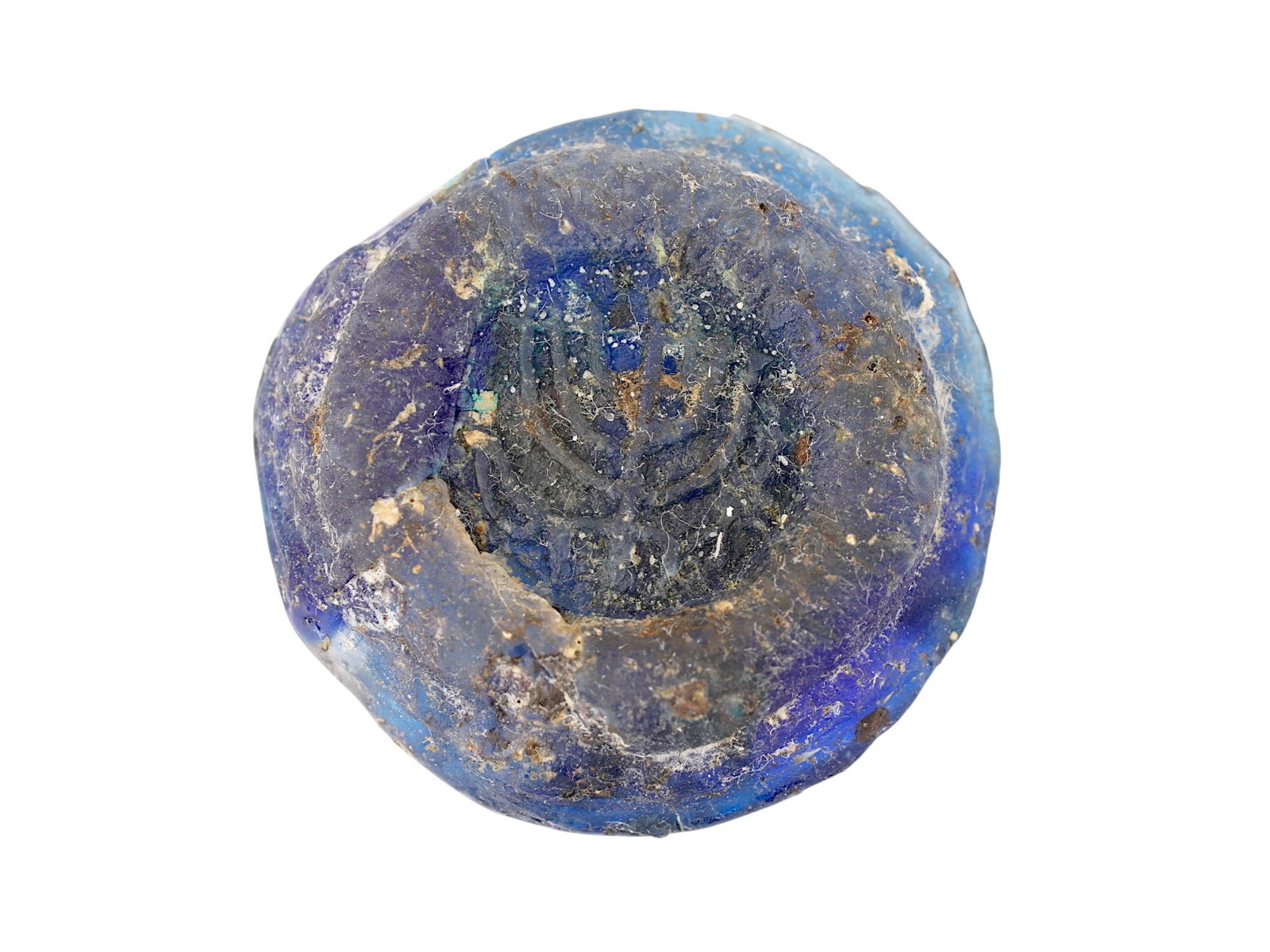 ANCIENT ROMAN BLUE GLASS MEDALLION WITH MENORAH IMAGE (1 of 4)