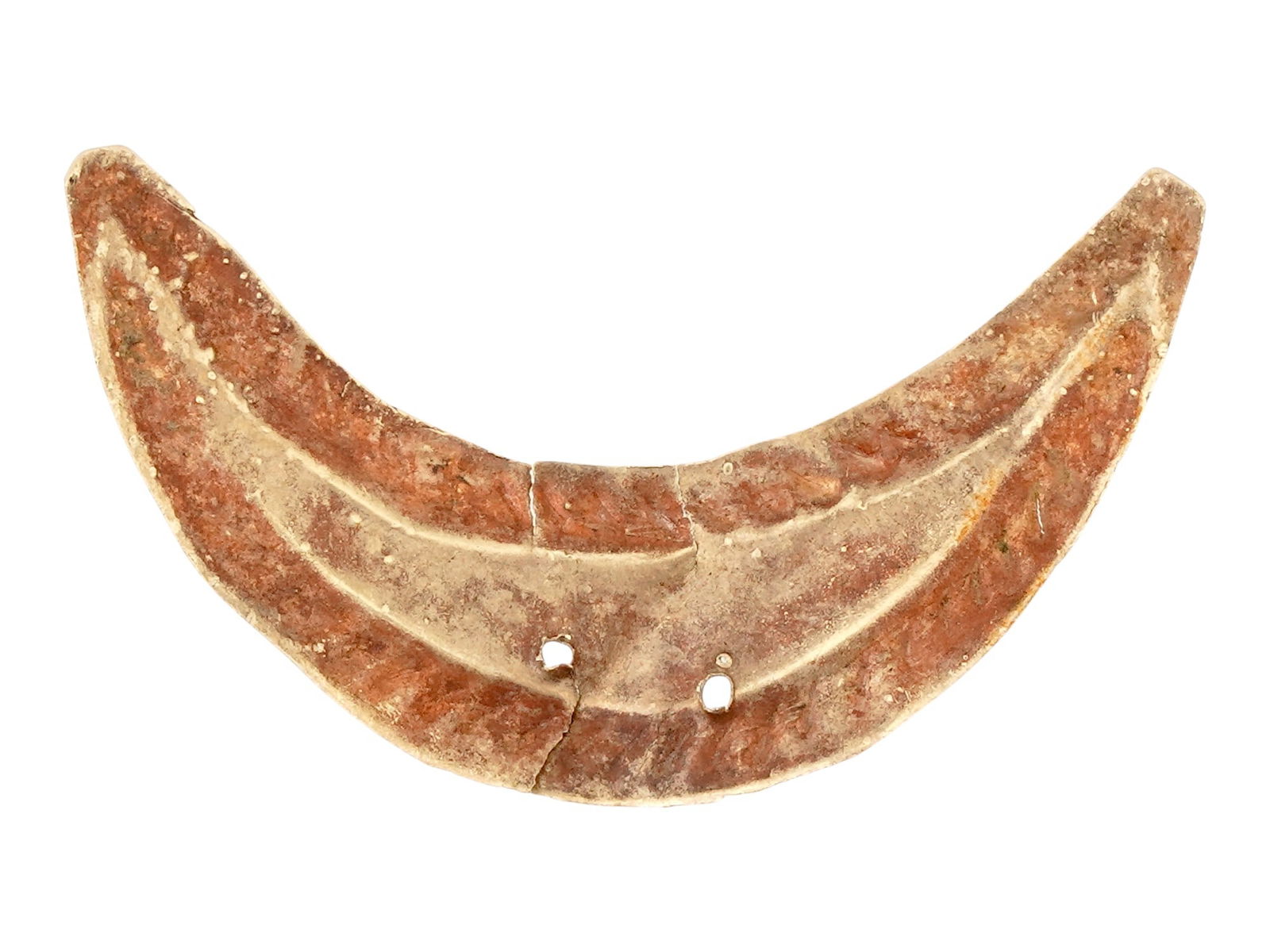 ANCIENT ROMAN GOLD CRESCENT PENDANT 100 TO 300 AD: An ancient Roman gold jewelry pendant. The ware features a minimalistic design of a voluminous crescent shape, and decorated with two openings. Circa: 100 to 300 AD. Ancient Goldware And Jewelry Colle