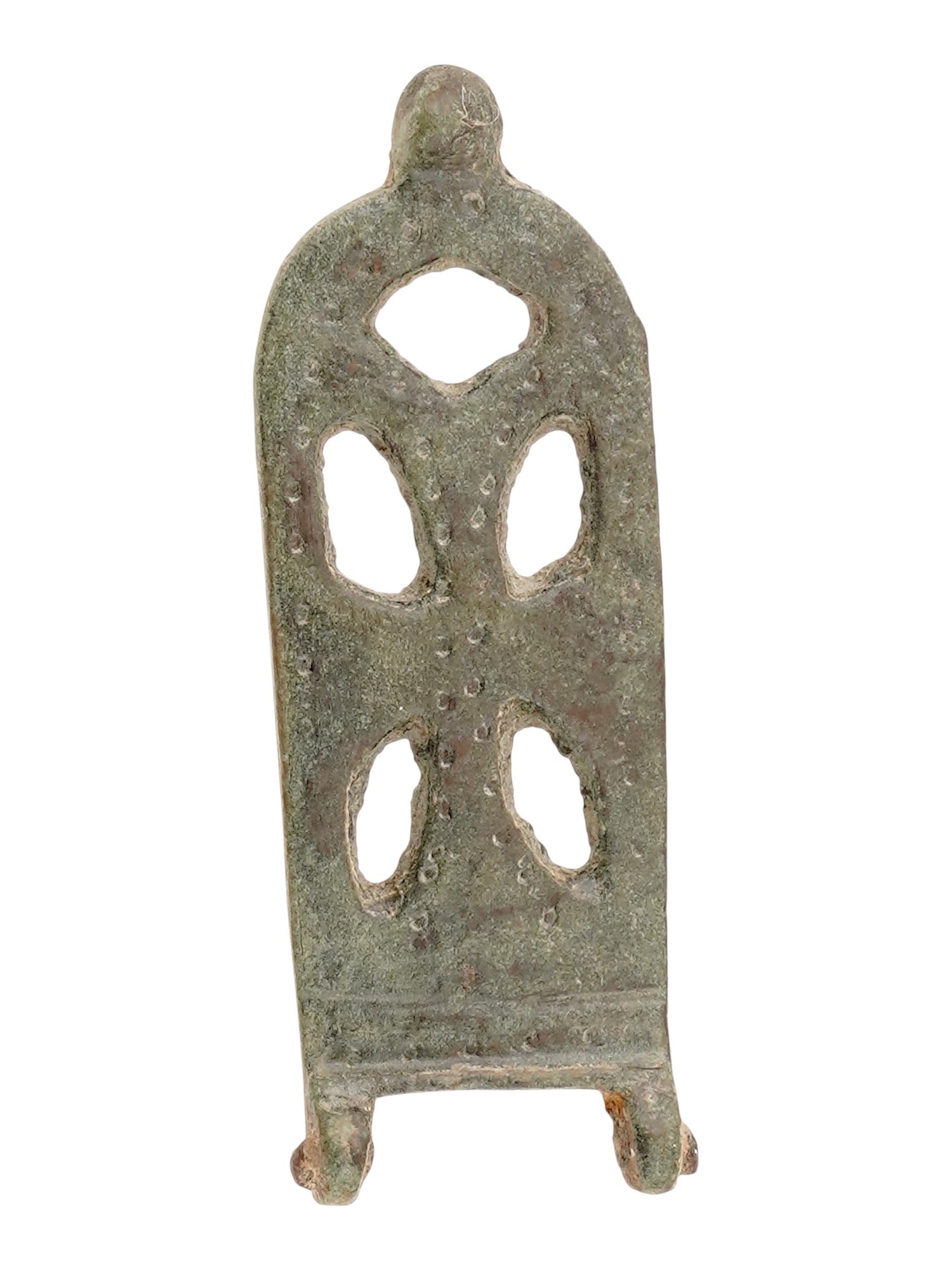 ANCIENT BYZANTINE BUCKLE W CROSS 400-600 AD: A rare ancient Byzantine bronze belt buckle, dating circa 400 to 600 AD, cast in an elongated form and featuring an open through cross motif reflecting early Christian symbolism. Ancient Artifacts And