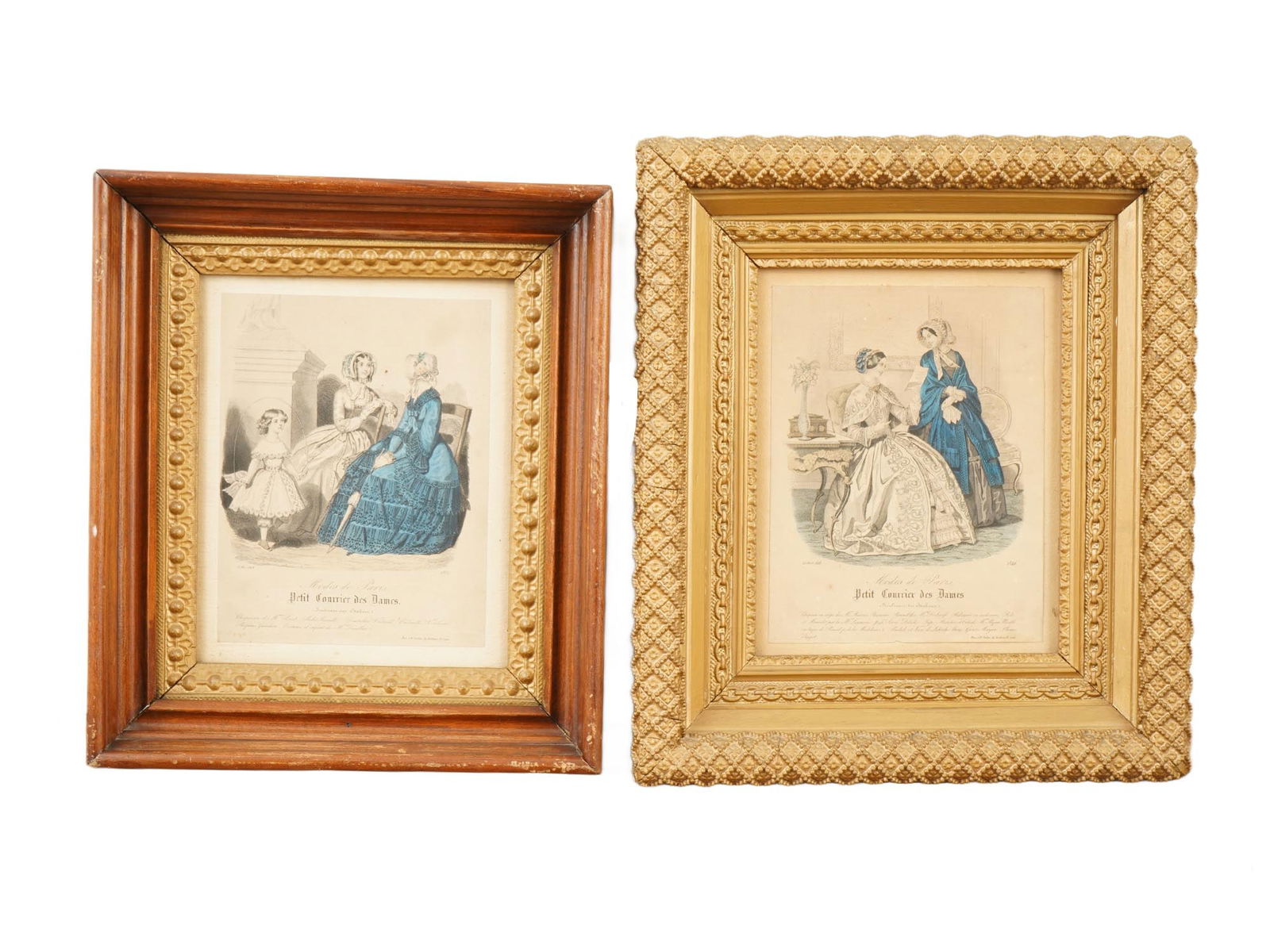 TWO ANTIQUE 19TH C FRENCH FASHION COLOR ENGRAVINGS (1 of 6)