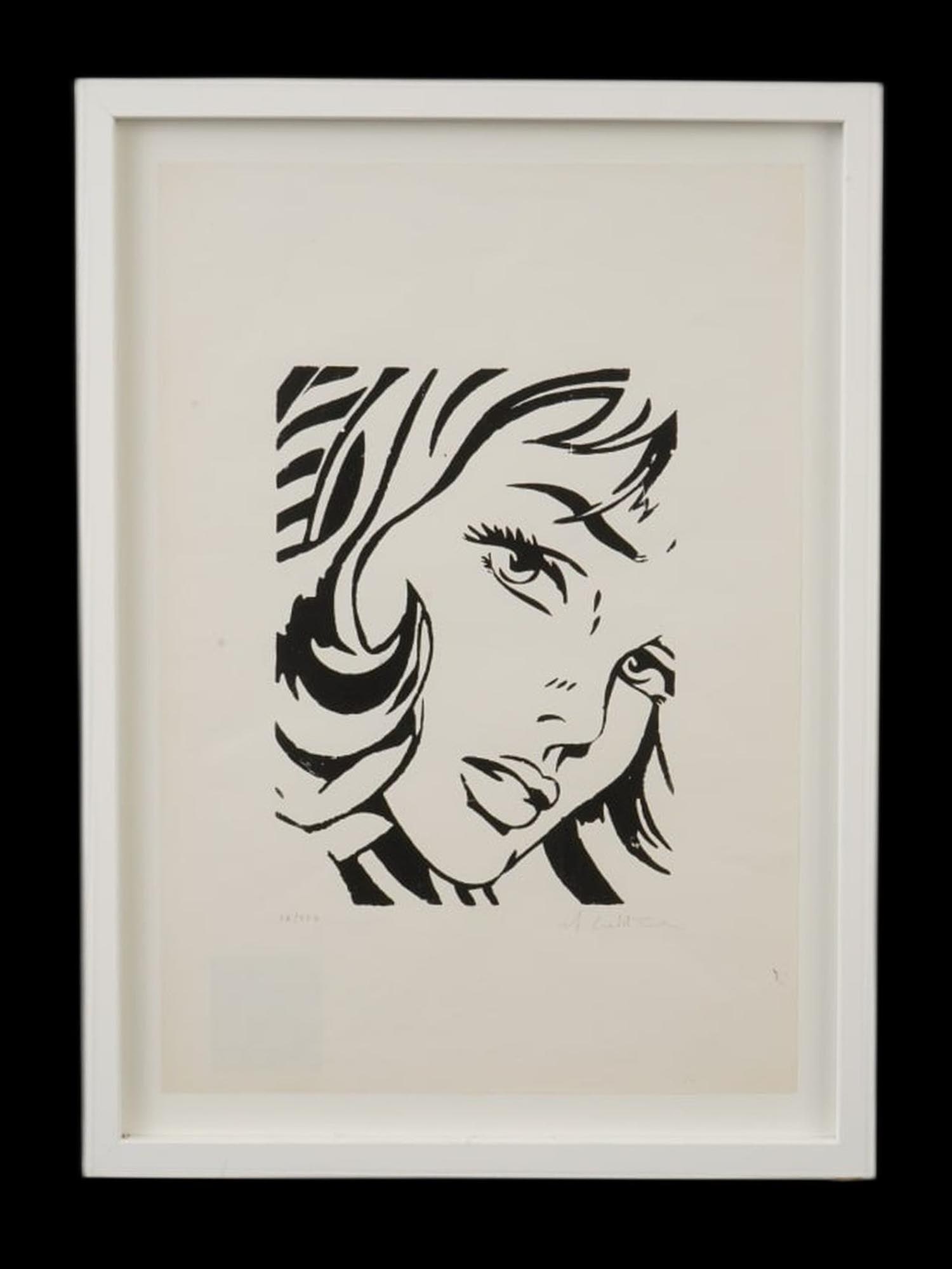 LITHOGRAPH ATTR TO ROY LICHTENSTEIN GIRL W HAIR RIBBON: A lithograph titled Girl with Hair Ribbon, attributed to Roy Lichtenstein, one of the leading figures of the American Pop Art movement. The composition reflects Lichtensteins signature comic-strip aes