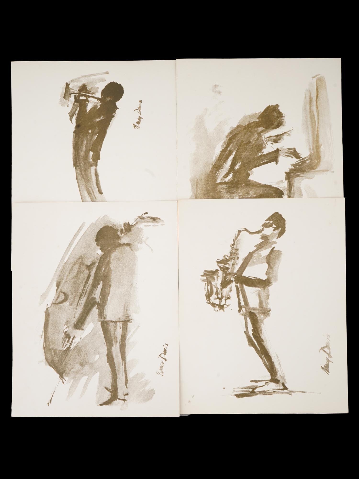 PRINTS OF NEW ORLEANS MUSICIANS AFTER NANCY DAVIS: A group of four prints on paper depicting New Orleans Musicians after Nancy Davis. Each print is signed. Nancys artwork has been featured in the Watercolor Society of Indianas annual show at the