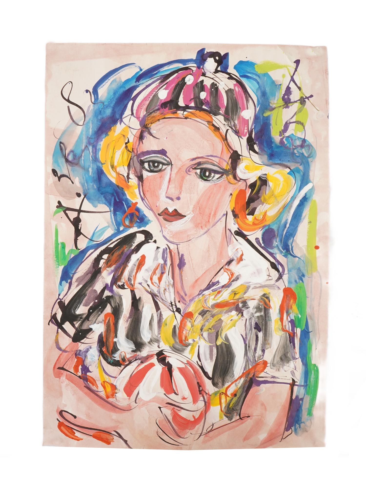 SIGNED ANATOLY ZVEREV MIX MEDIA PORTRAIT PAINTING: A mixed media on paper portrait of a woman painting. Signed with initials of Anatoly Zverev upper right. Anatoly Zverev, 1931 to 1986, was a Russian, Nonconformist artist, representative of the