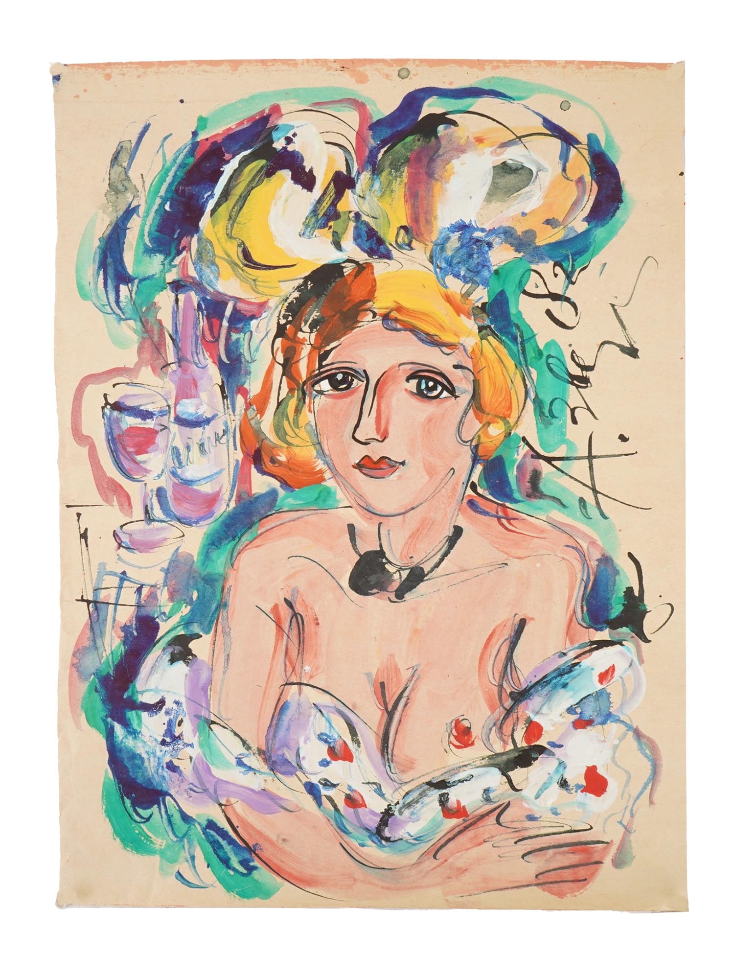 ATTR TO ANATOLY ZVEREV RUSSIAN PAINTING FEMALE PORTRAIT: Attributed to Anatoly Zverev, Russian, 1931 to 1986, a mixed media painting on paper depicting a portrait of a woman, 1982. Signed and dated upper right. Anatoly Zverev is a Nonconformist artist,