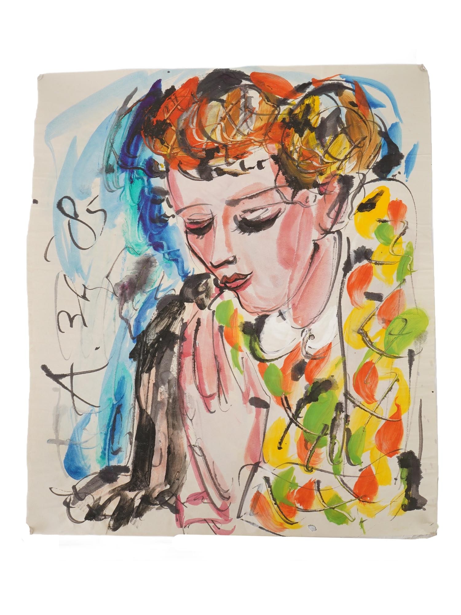 ATTR TO ANATOLY ZVEREV RUSSIAN PAINTING FEMALE PORTRAIT: Attributed to Anatoly Zverev, Russian, 1931 to 1986, a watercolor painting on paper depicting a portrait of a woman, 1985. Signed and dated upper left. Anatoly Zverev is a Nonconformist artist, repres
