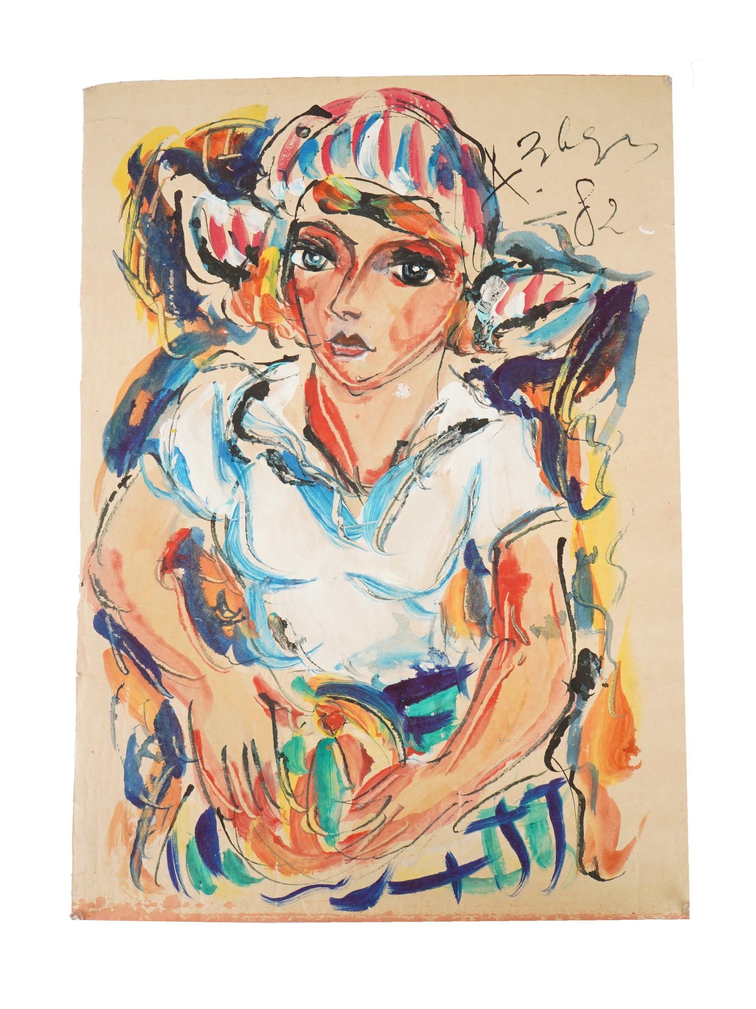 ATTR TO ANATOLY ZVEREV RUSSIAN MIXED MEDIA PAINTING: Attributed to Anatoly Timofeivich Zverev, Russian, Soviet era, 1931 to 1986, a mixed media painting on paper depicting a portrait of a woman, 1982. Signed and dated, upper right. Anatoly Zverev, a Non