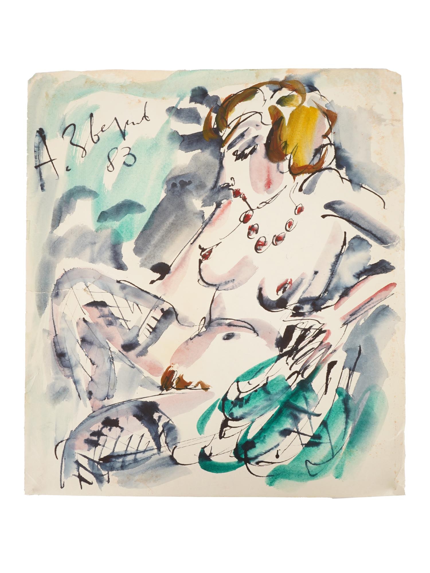 ATTR TO ANATOLY ZVEREV RUSSIAN WATERCOLOR PAINTING: Attributed to Anatoly Timofeivich Zverev, Russian, Soviet era, 1931 to 1986, a watercolor painting on paper depicting a portrait of a nude woman, 1983. Signed and dated, upper left. Anatoly Zverev, a